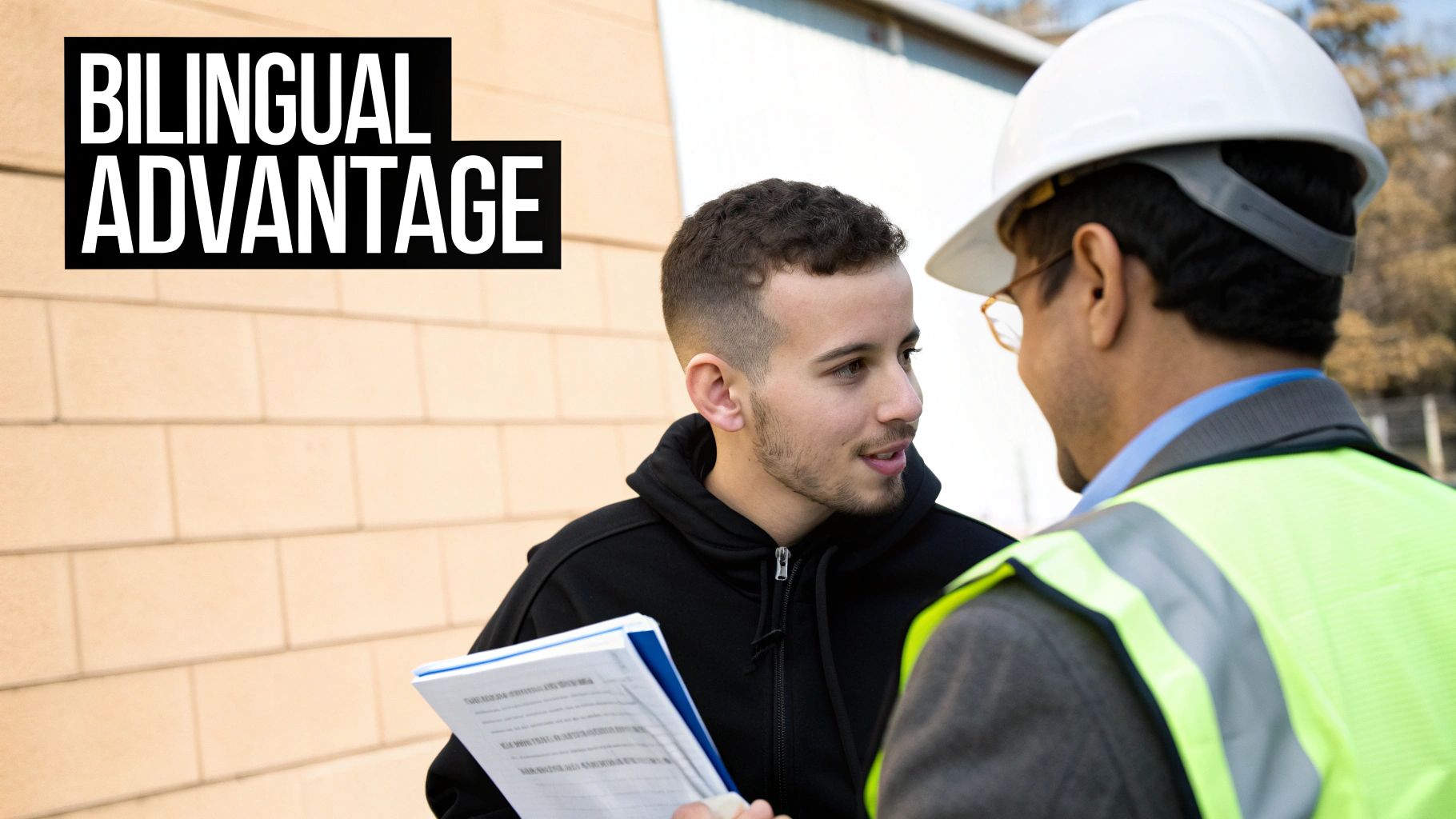A young man in a black hoodie speaks with a construction worker in a hard hat, discussing documents.