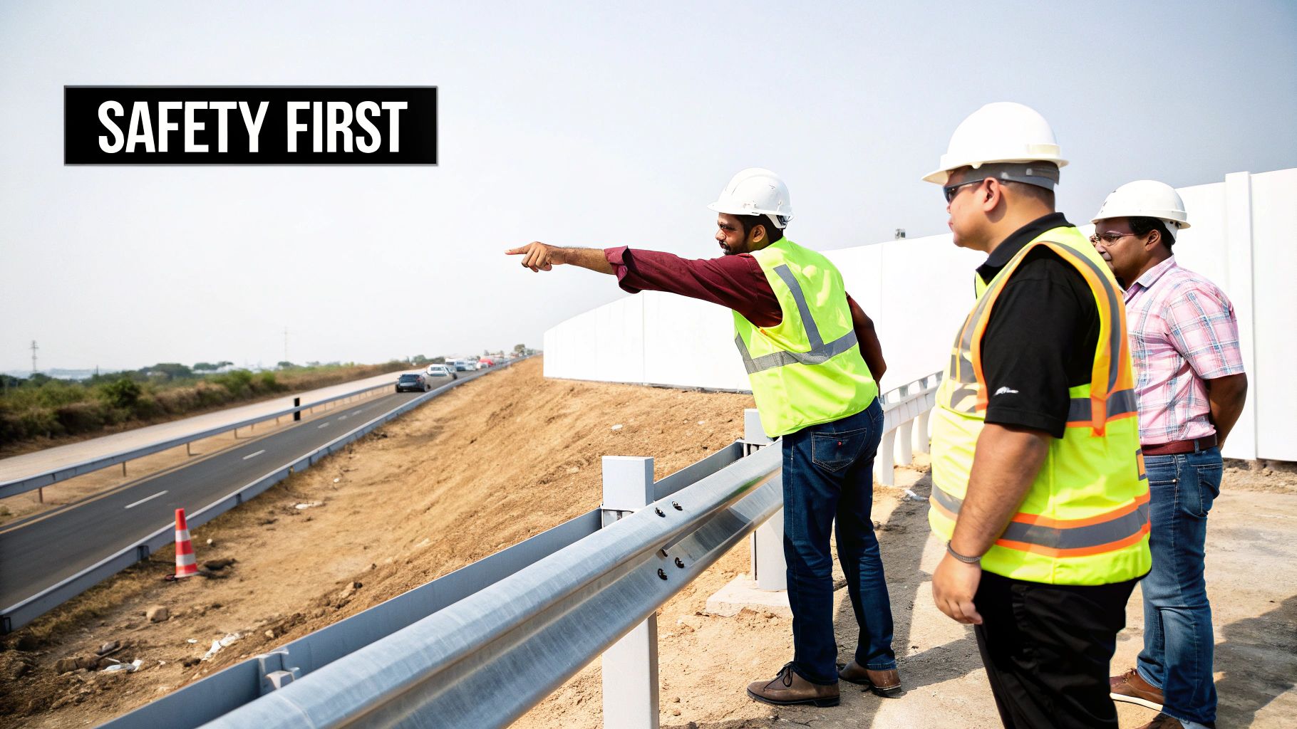 Three construction workers in hard hats and safety vests inspect a highway construction site.