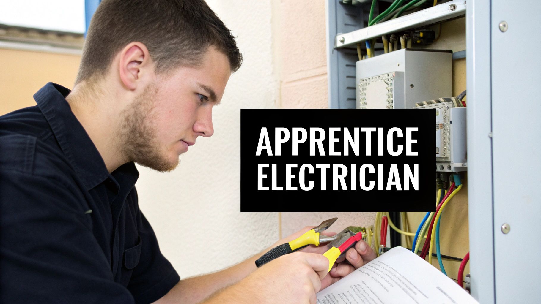 A young apprentice electrician working on an electrical panel, holding tools and a manual.