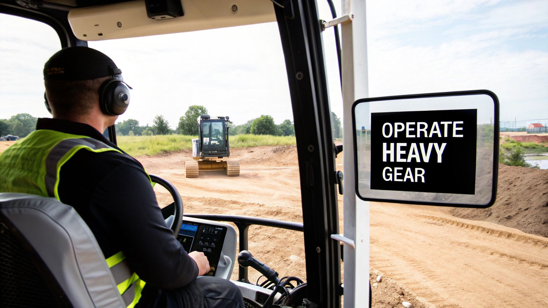 Man in high-visibility vest and earmuffs inside heavy equipment cab at a construction site.