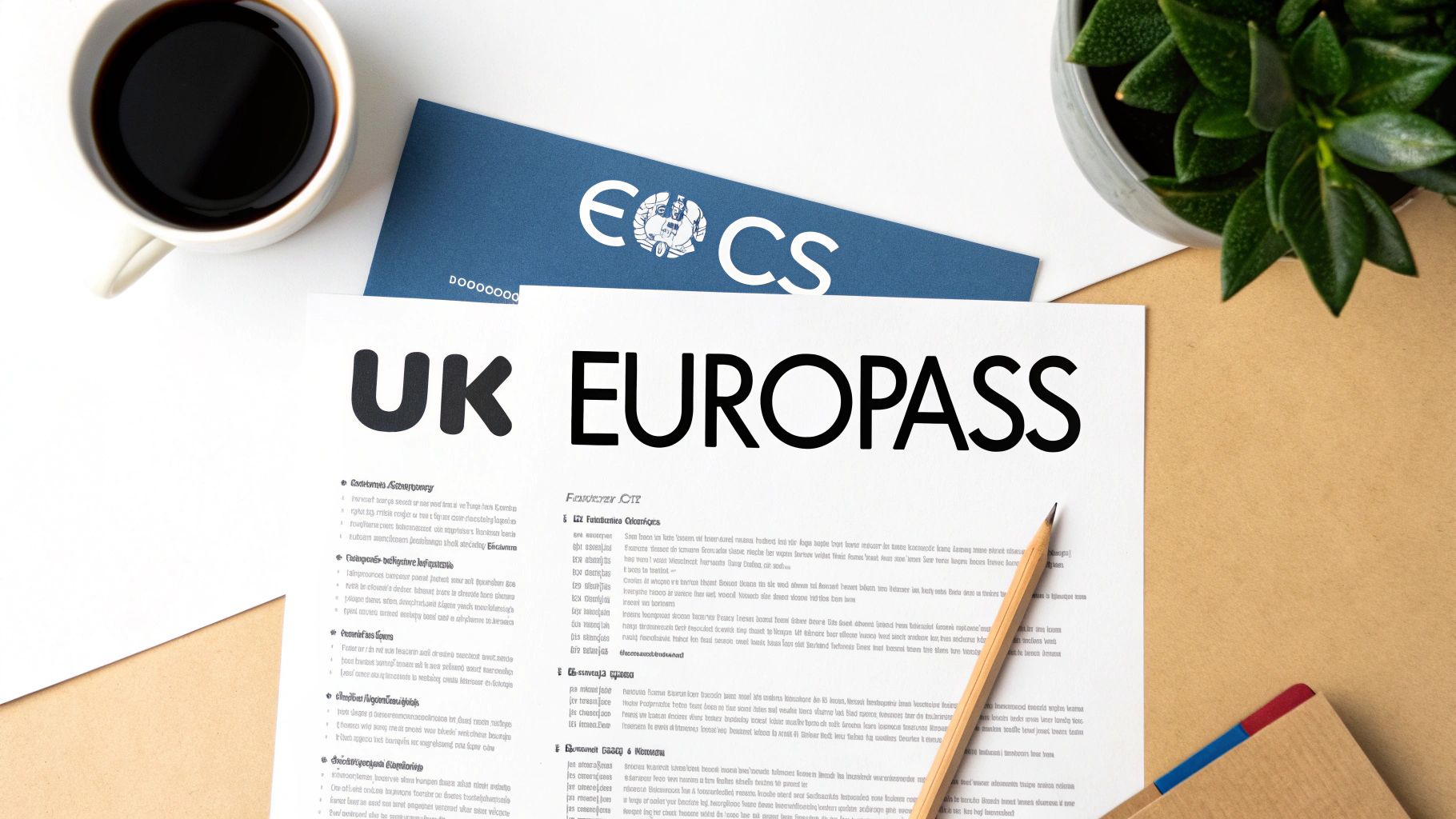 Flat lay of a desk with a coffee cup, an EOCS booklet, and a document titled 'UK EUROPASS'.