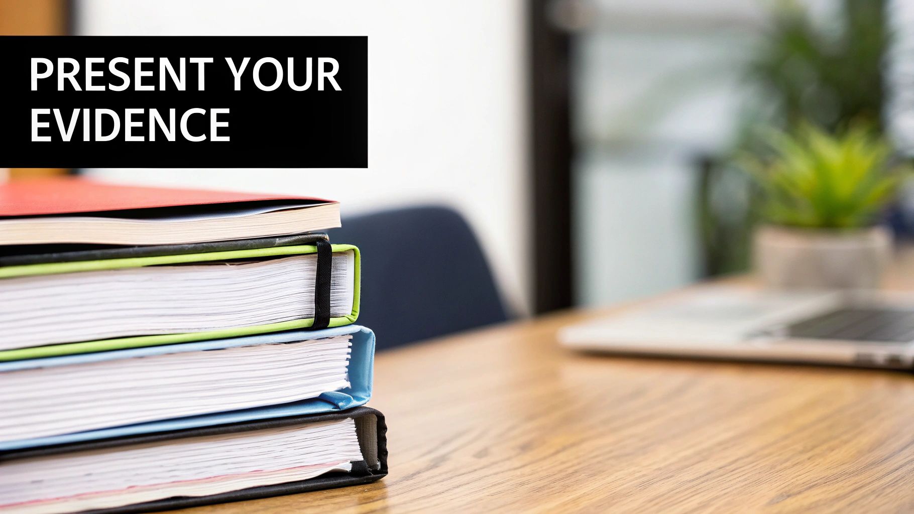 A stack of legal books and binders on a wooden desk with the text 'PRESENT YOUR EVIDENCE'.
