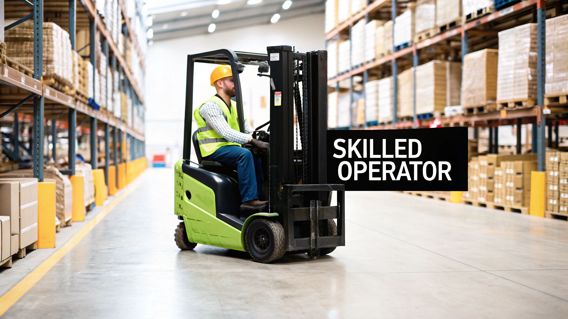 A skilled forklift operator in a hard hat and high-vis vest drives a forklift in a busy warehouse.
