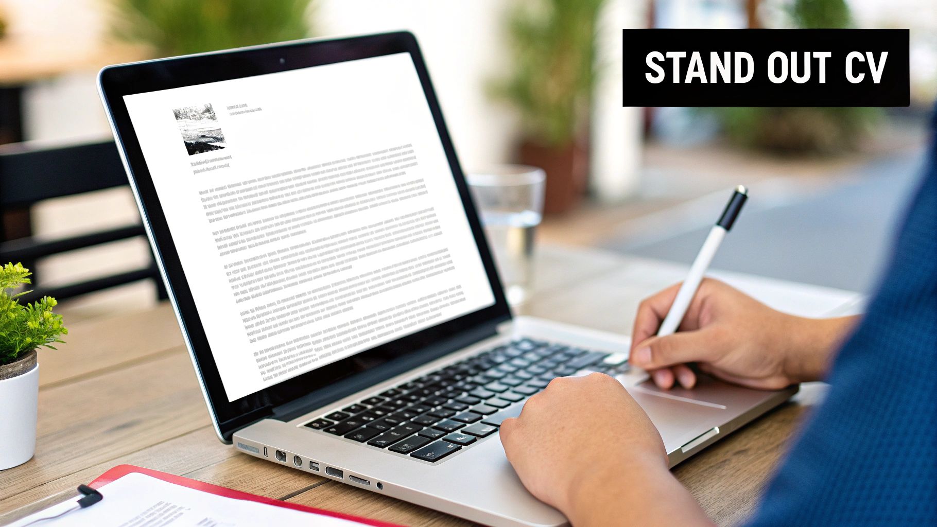 Hands typing on a laptop with a CV document displayed, next to a pen and a 'Stand Out CV' banner.