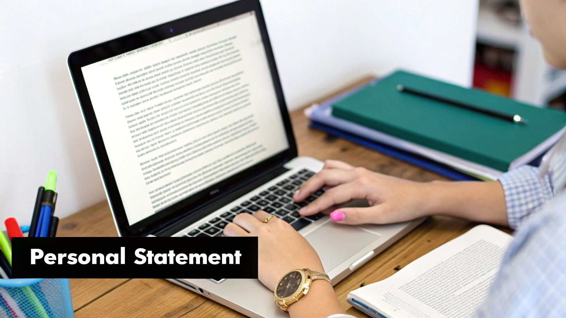A student typing a personal statement on a laptop, with books and pens on the desk.