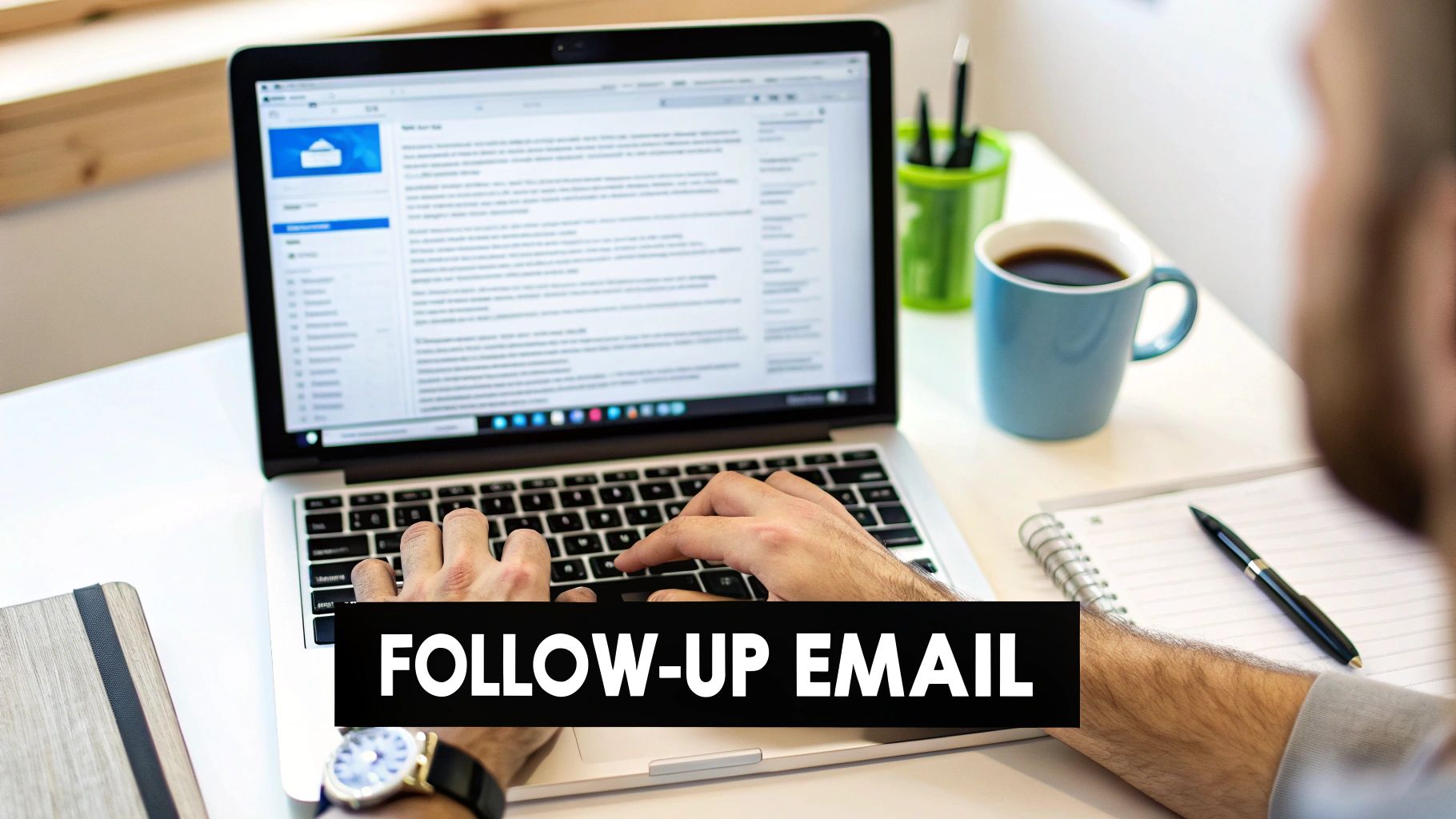 A person typing a follow-up email on a laptop, with a coffee cup and notebook on a white desk.