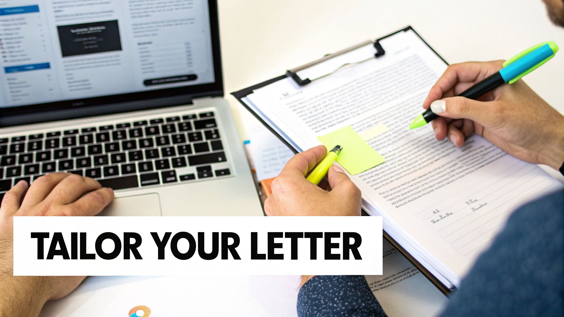 Hands working on a laptop and highlighting a document with a pen, tailoring a letter.