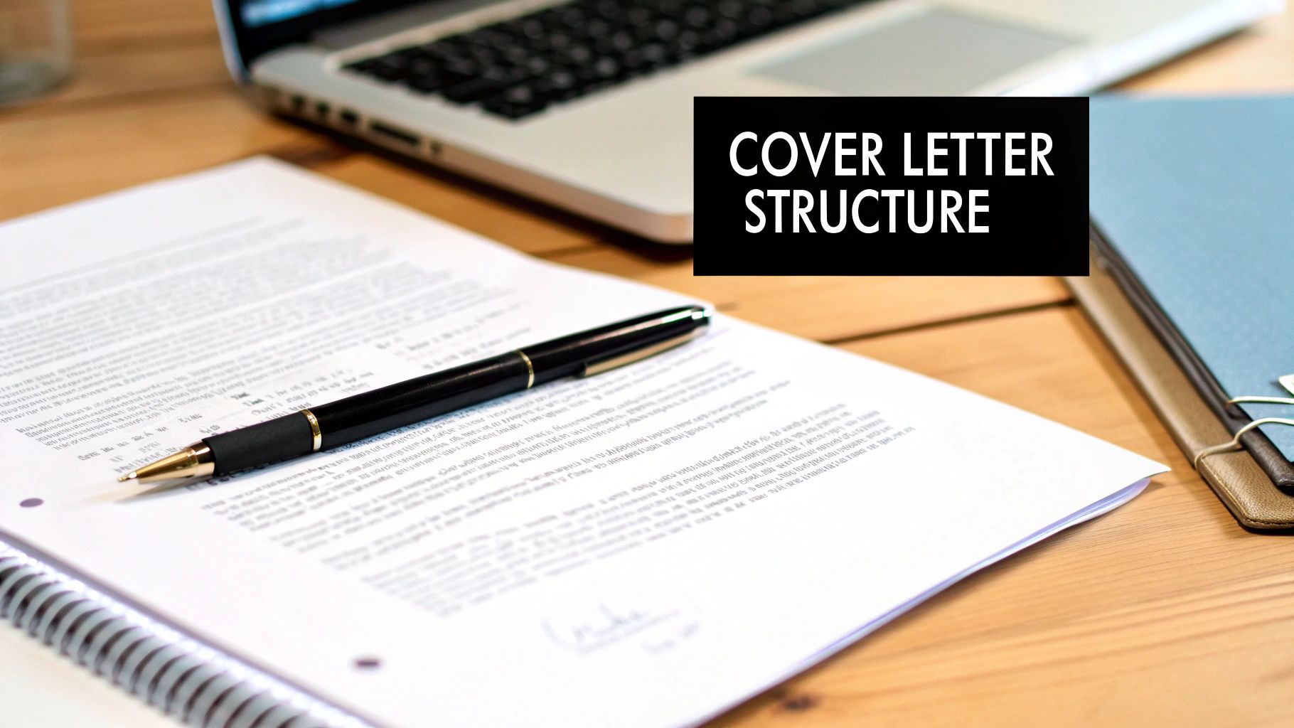A close-up of a desk with a pen on documents, a laptop, and a notebook, featuring the text 'COVER LETTER STRUCTURE'.