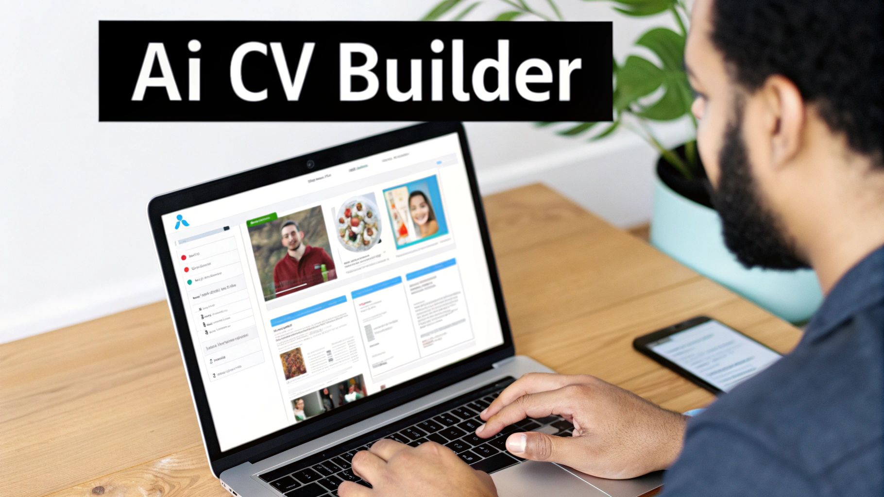 A person using an AI CV builder on a laptop, with a smartphone on a wooden desk.