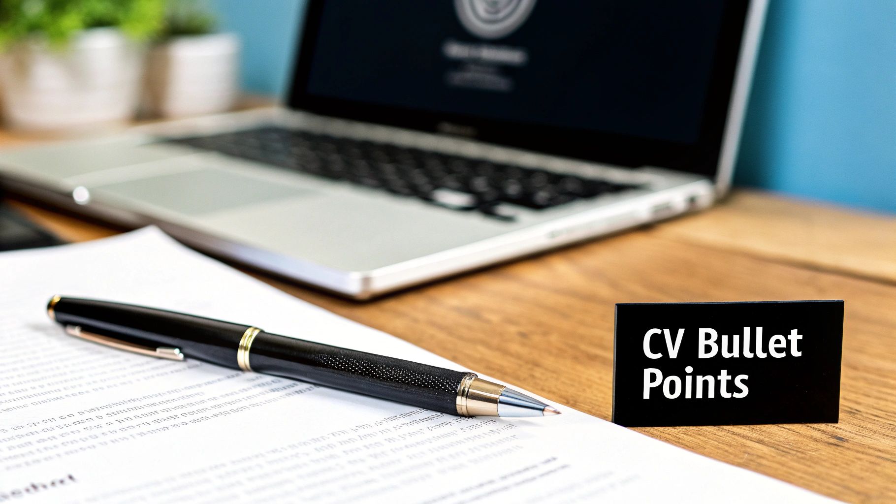 A close-up of a desk with a laptop, a pen resting on a document, and a sign displaying 'CV Bullet Points'.