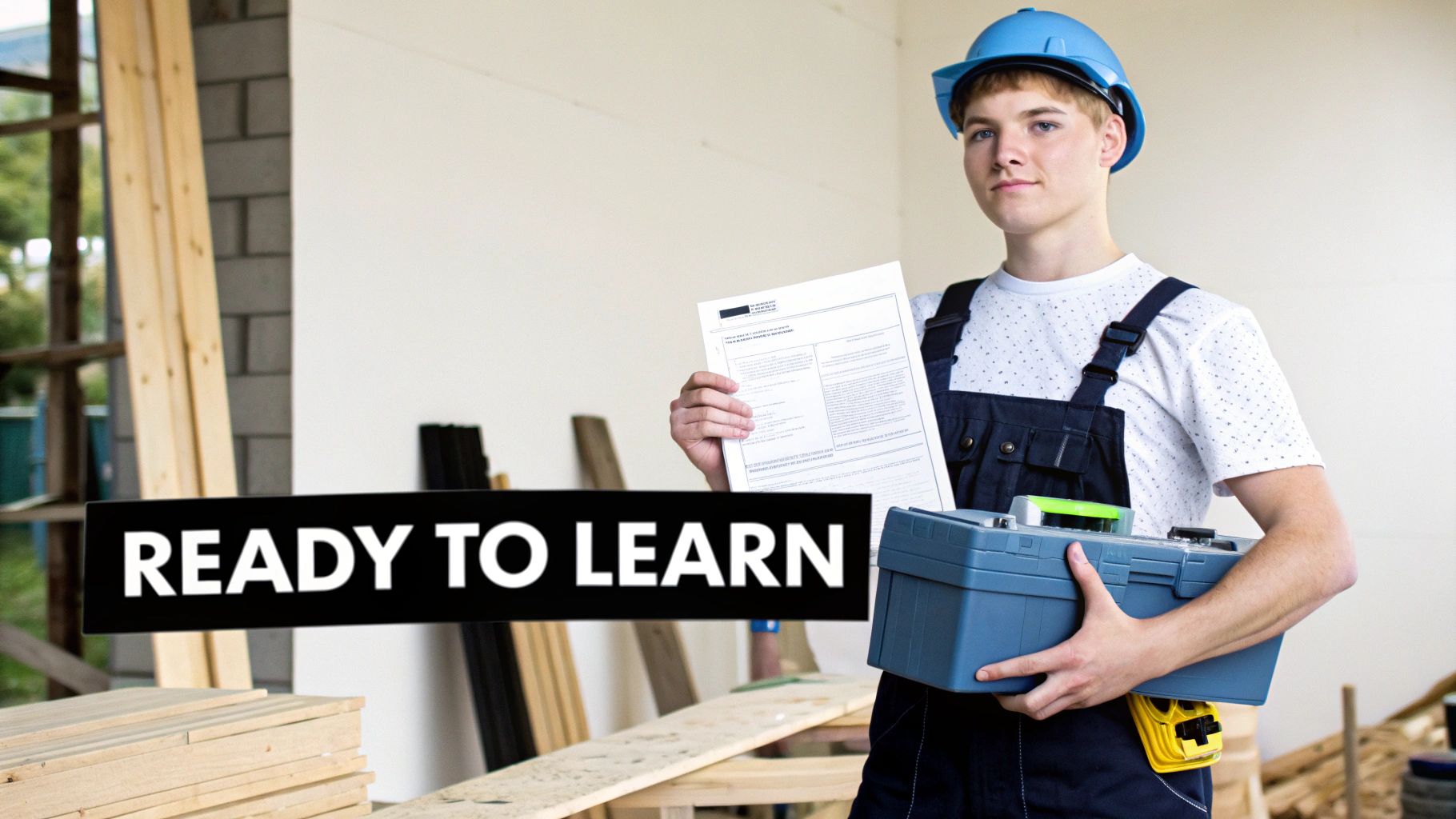 Young man in a hard hat and overalls holding a toolbox and document, ready for construction training.