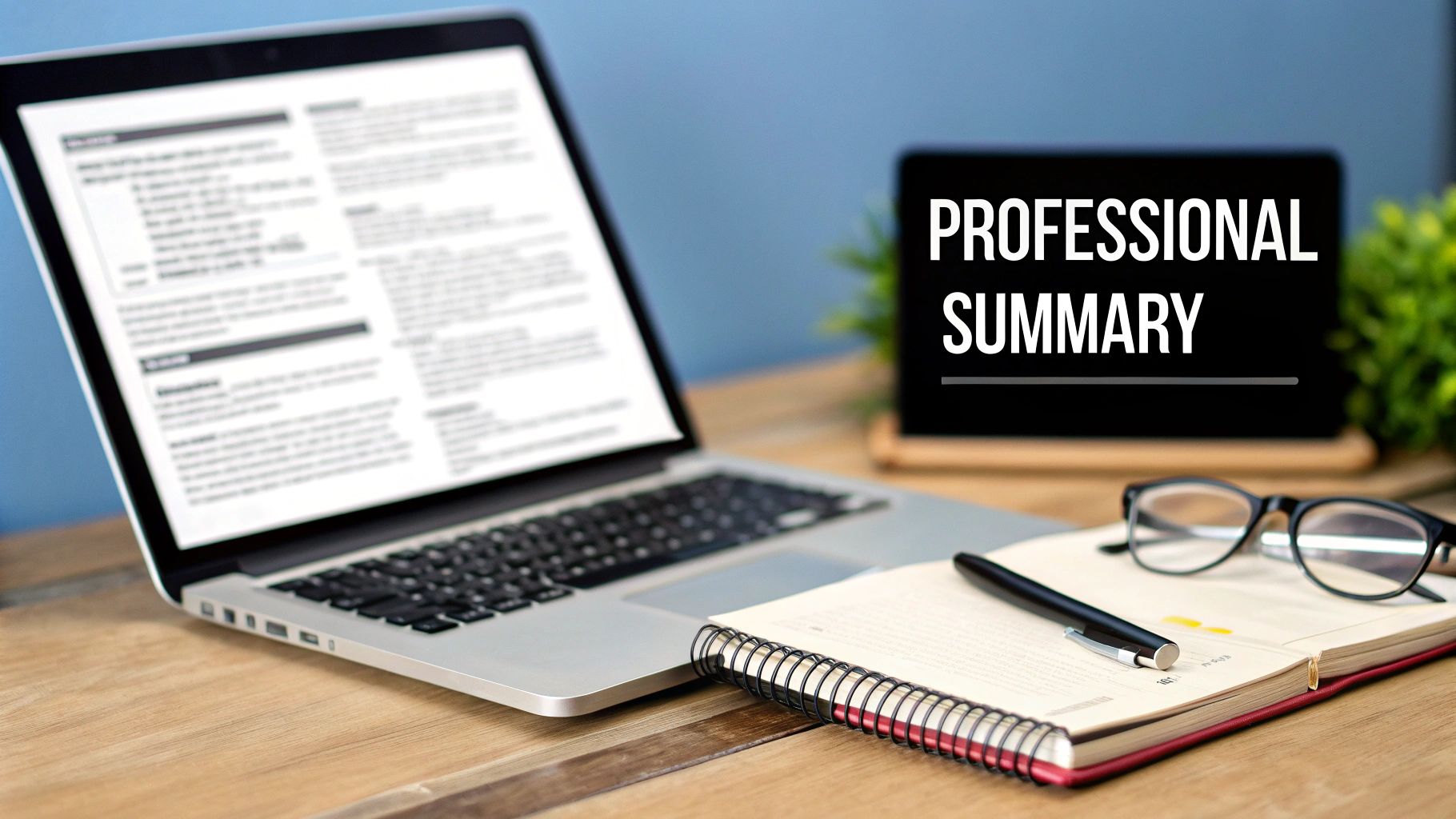 Desk with laptop displaying a CV, a tablet showing 'PROFESSIONAL SUMMARY', a notebook, pen, and glasses.