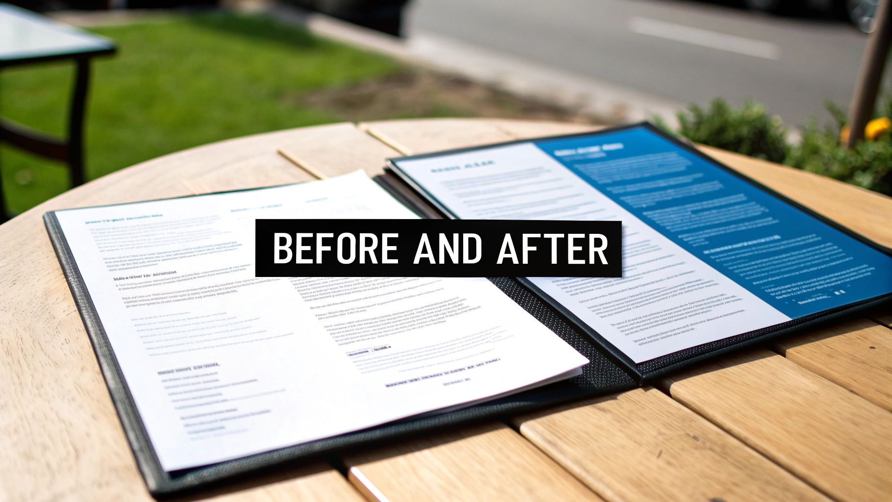 Two open document binders, one with white pages and one with blue, on a wooden outdoor table.