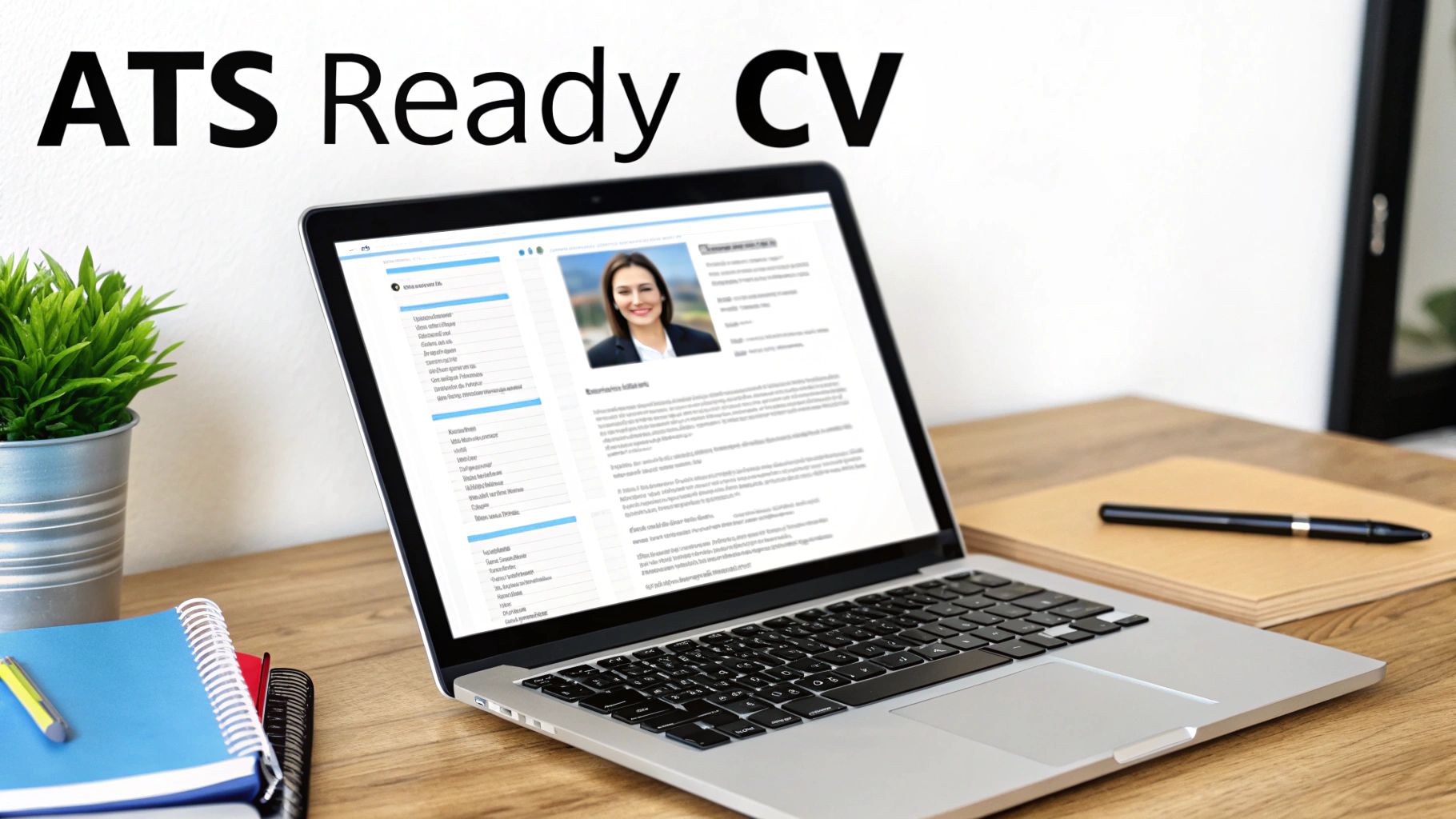 A laptop on a wooden desk displaying an ATS-ready CV with a professional photo.