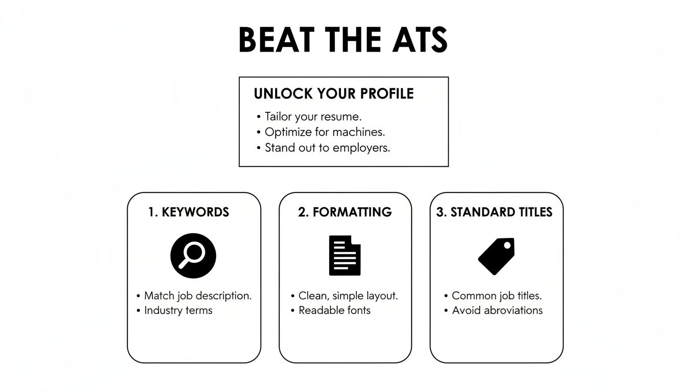 Image illustrating tips to beat the ATS with advice on keywords, formatting, and standard job titles.