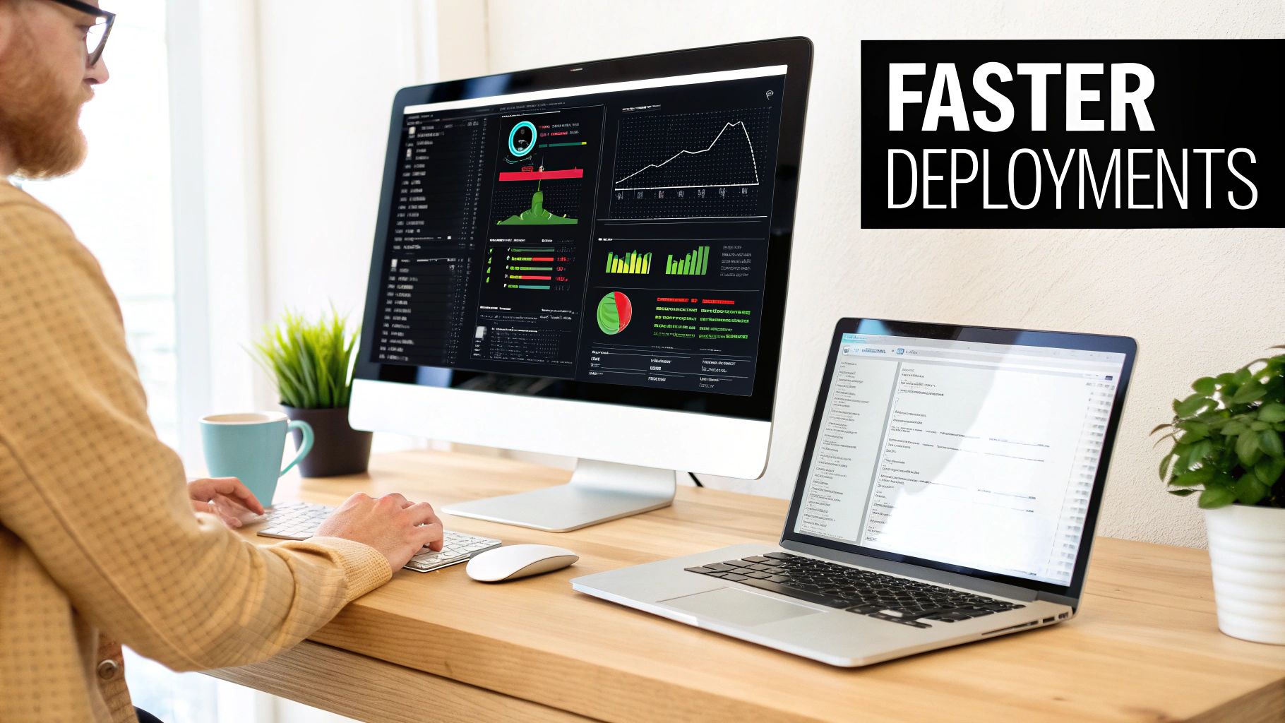 A developer working at a desk with multiple screens displaying data, charts, and code, indicating efficient development processes.