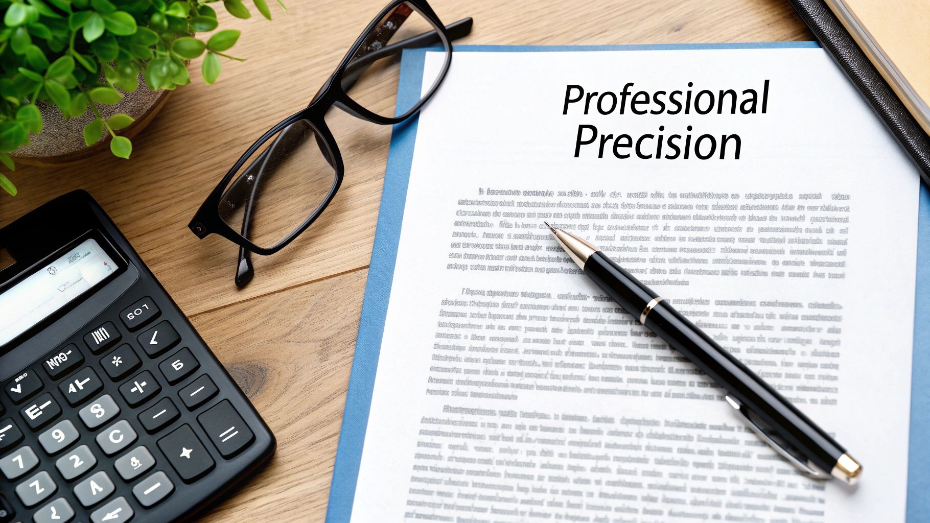 A top-down view of a professional desk with a calculator, glasses, plant, document, and pen.