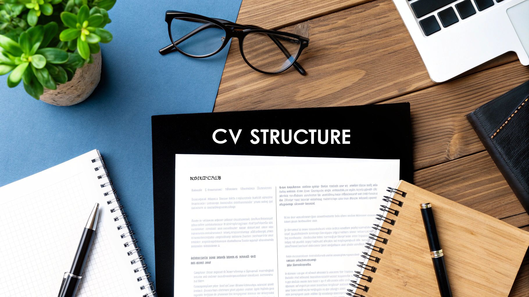 Overhead shot of a desk with a 'CV STRUCTURE' document, glasses, laptop, notebooks, and a plant.