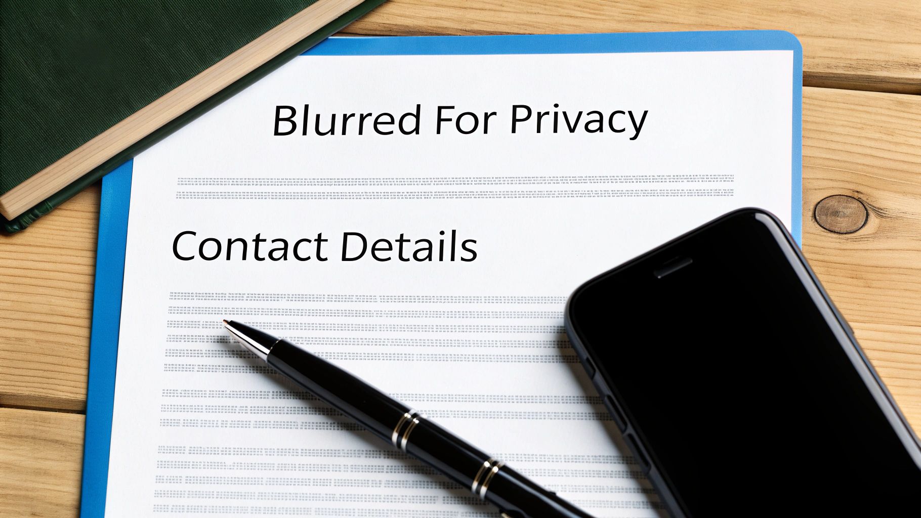 A document titled 'Blurred For Privacy' and 'Contact Details' on a wooden desk with a pen and smartphone.