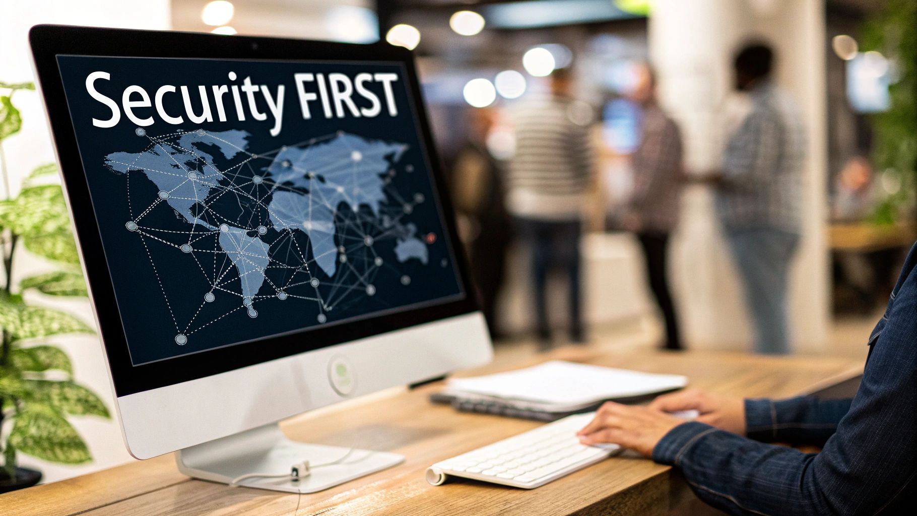 A computer screen displays 'Security FIRST' and a global network map, with a person typing on a keyboard.