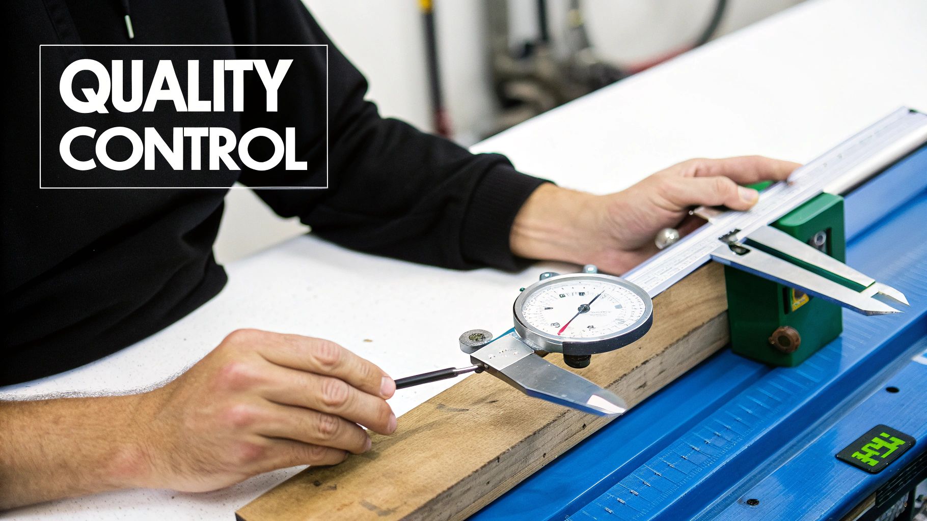 A person uses a dial caliper to precisely measure a wooden block during quality control.