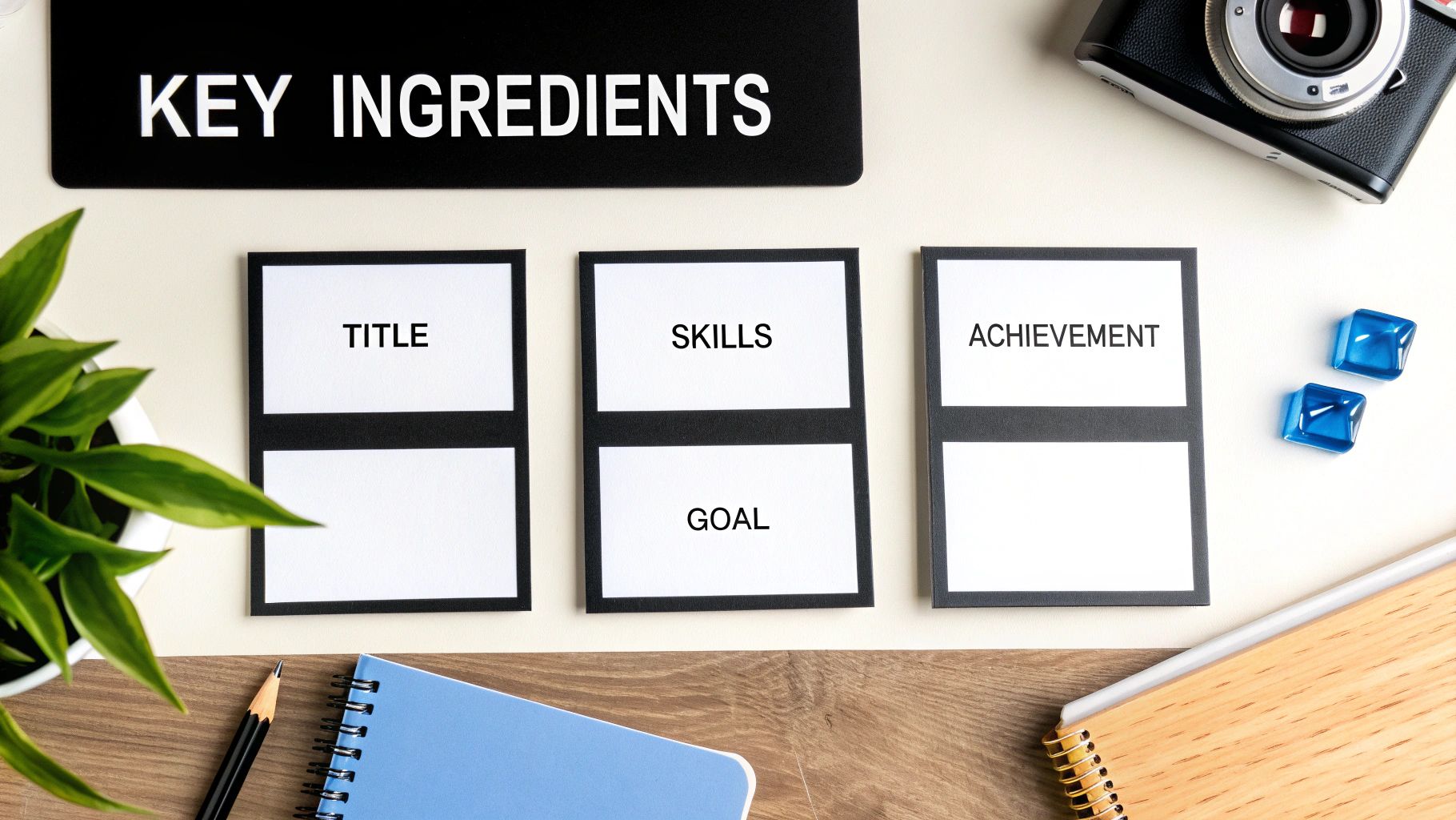 Three cards with 'Title', 'Skills', 'Goal', 'Achievement' below a 'Key Ingredients' sign on a desk.