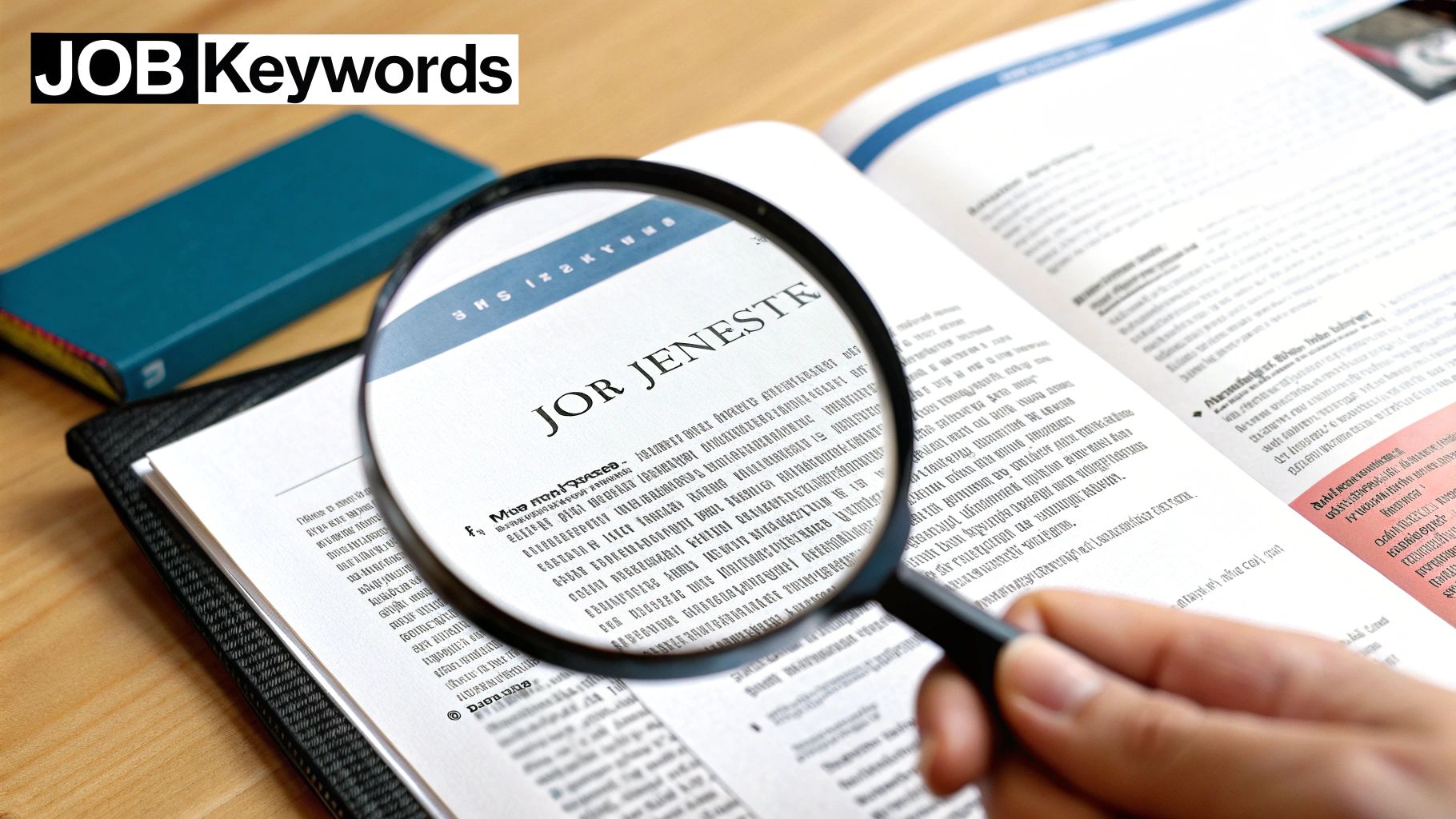 A hand uses a magnifying glass to examine job keywords on a document, emphasizing job search.