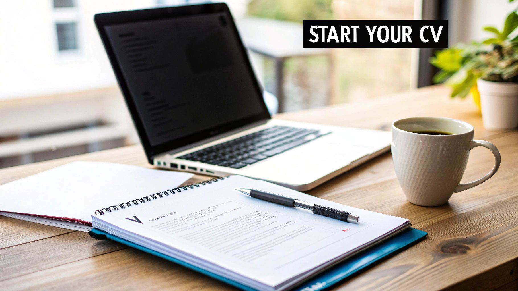 A desk with a laptop, open notebook, pen, coffee cup, and text 'START YOUR CV'.