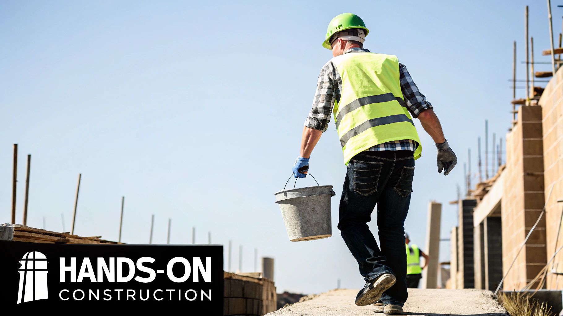 A construction worker in a hard hat and safety vest carries a bucket at an outdoor construction site.