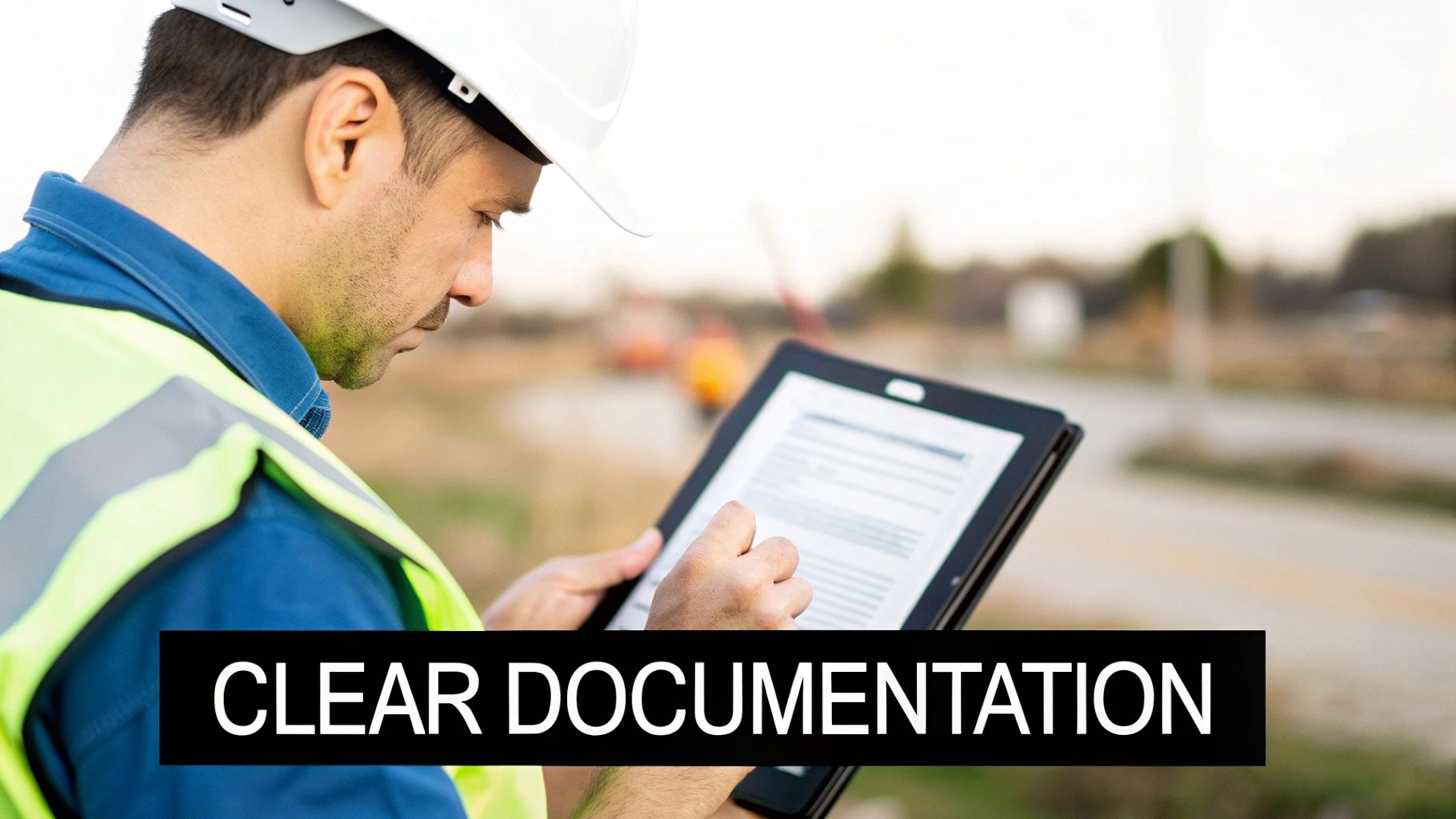 A construction worker in a hard hat and high-vis vest reviews digital documents on a tablet.