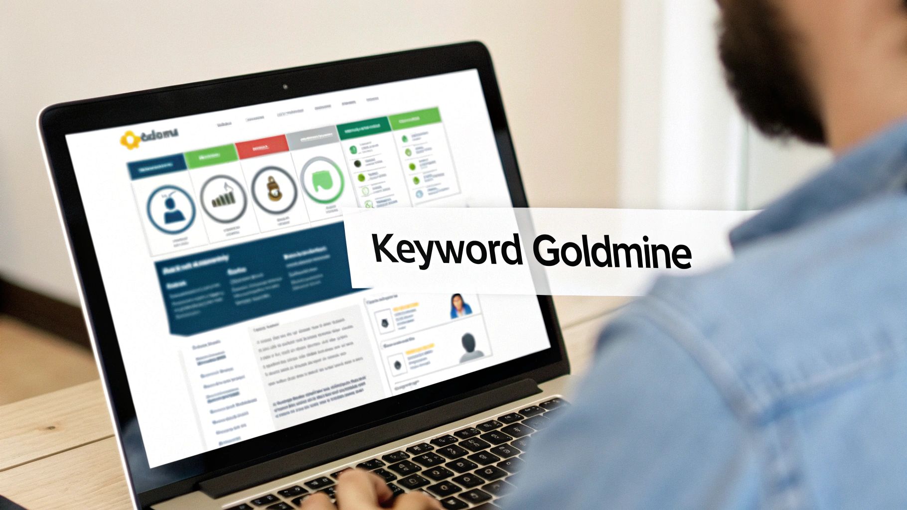 A person uses a laptop displaying a digital dashboard, overlaid with 'Keyword Goldmine' text.