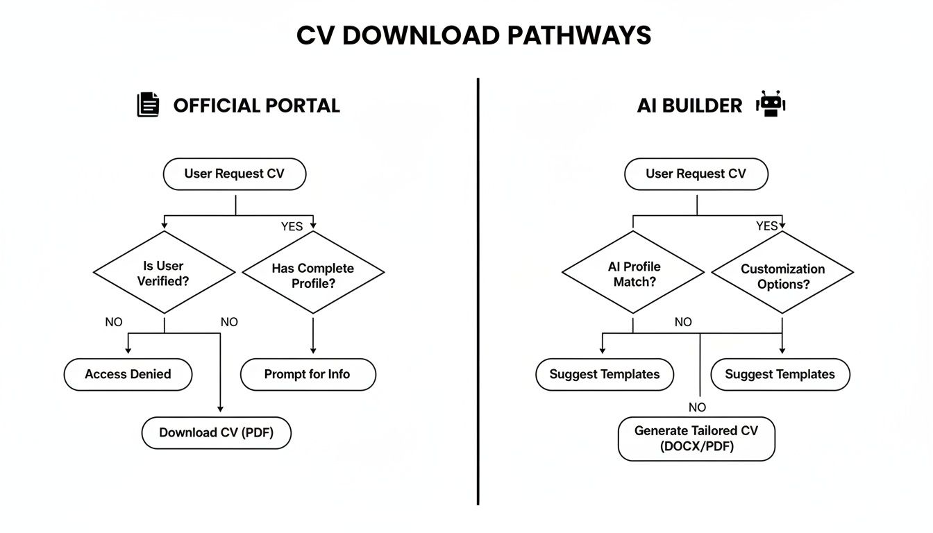 Flowchart showing two CV download pathways: Official Portal and AI Builder, detailing verification and generation steps.