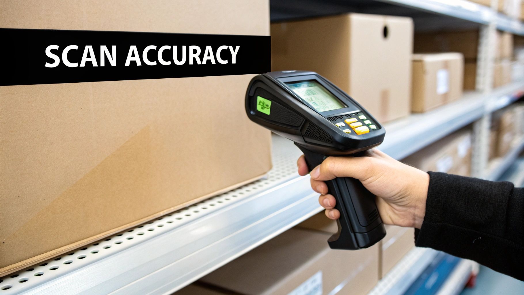A hand holds a barcode scanner, scanning a brown box on a warehouse shelf with “SCAN ACCURACY” text.