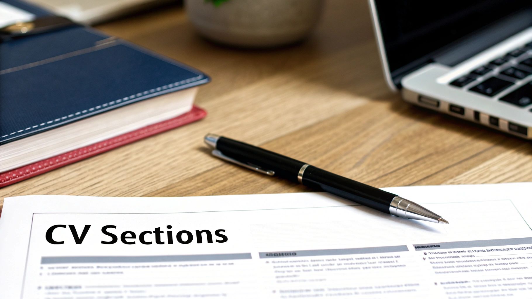 A document titled 'CV Sections' on a wooden desk with a black pen and a laptop.