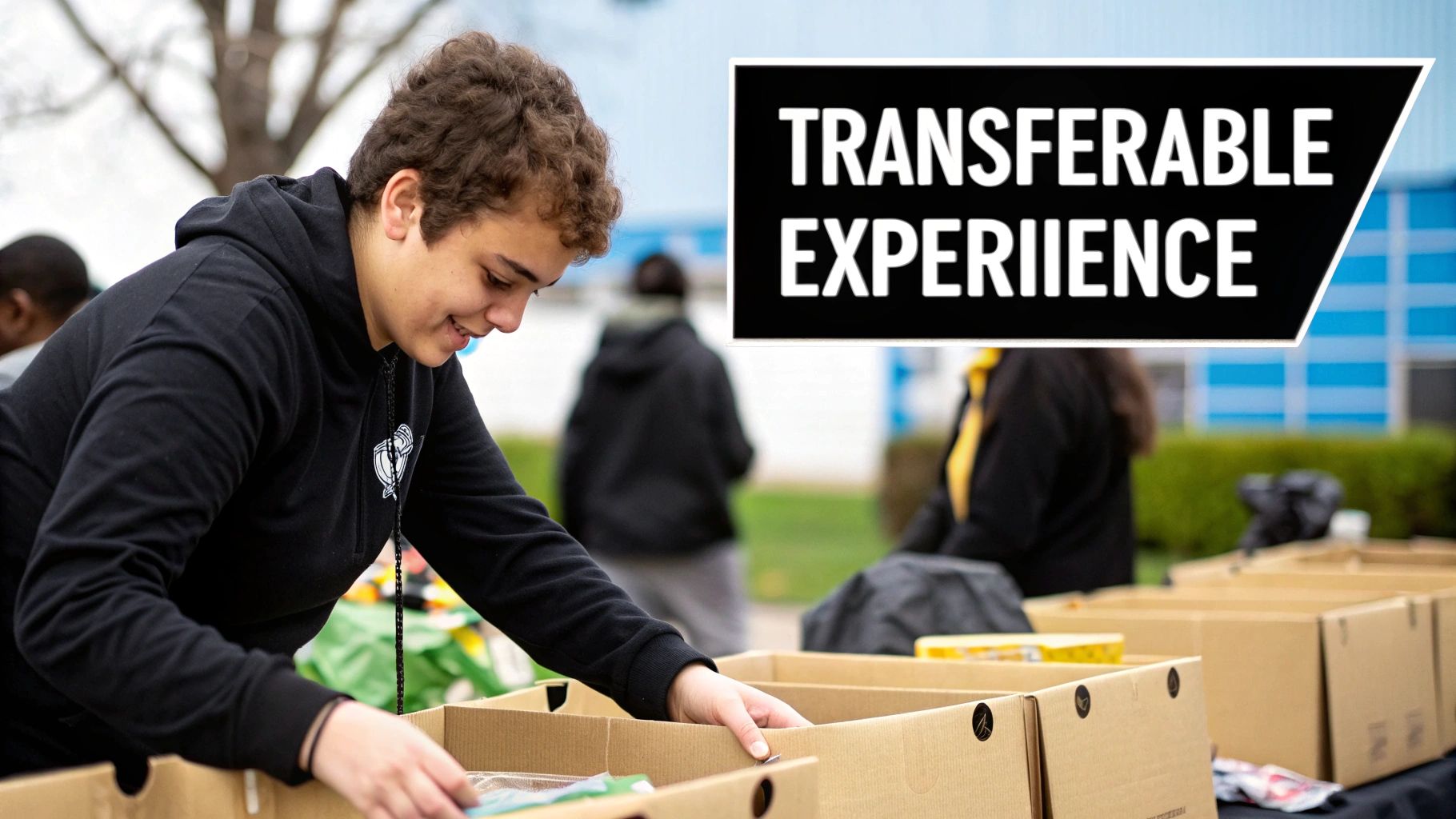 Smiling student sorting items into boxes outdoors, with a 'Transferable Experience' banner.