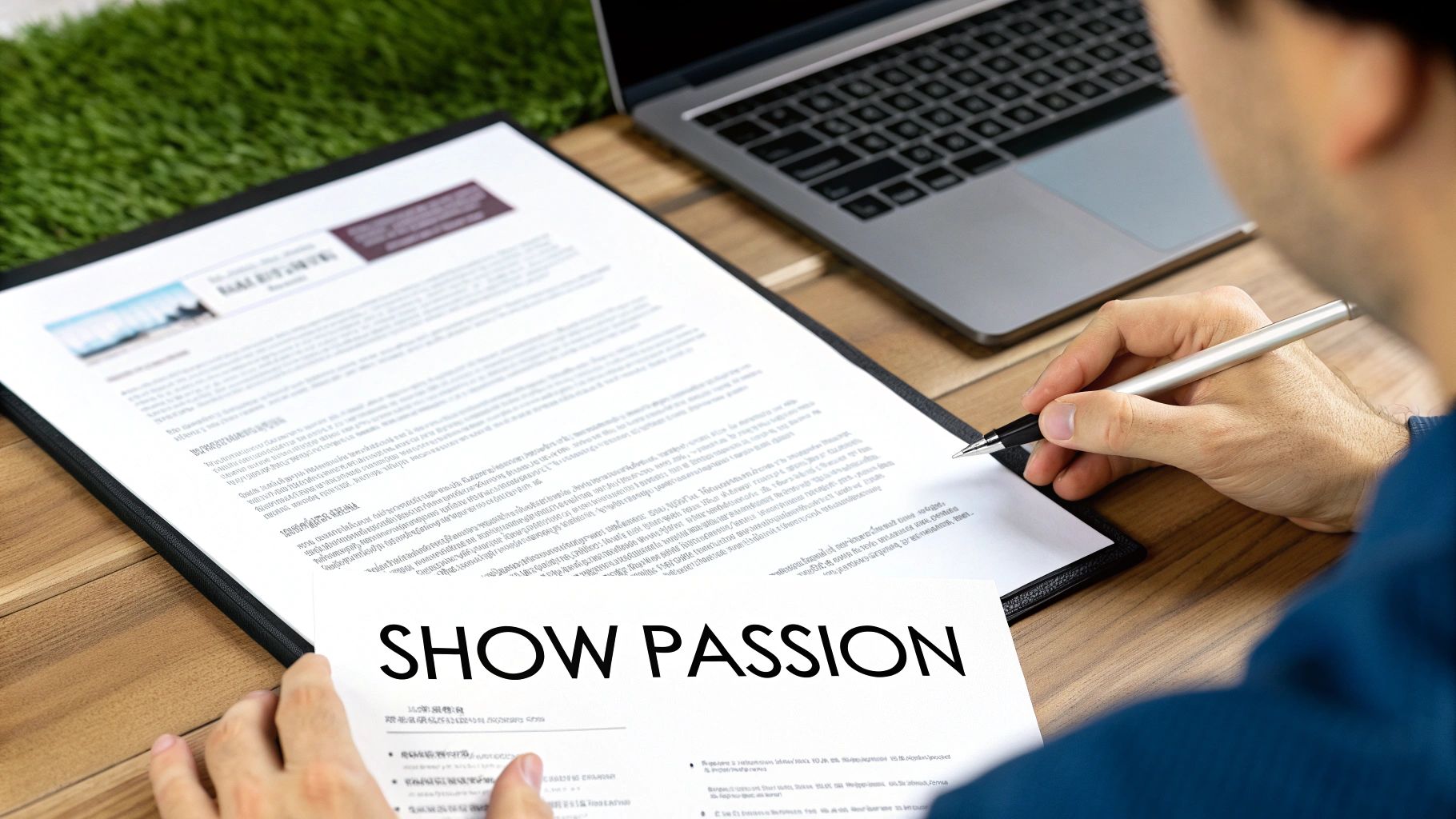 A person is shown writing "SHOW PASSION" on a document, with a laptop nearby.