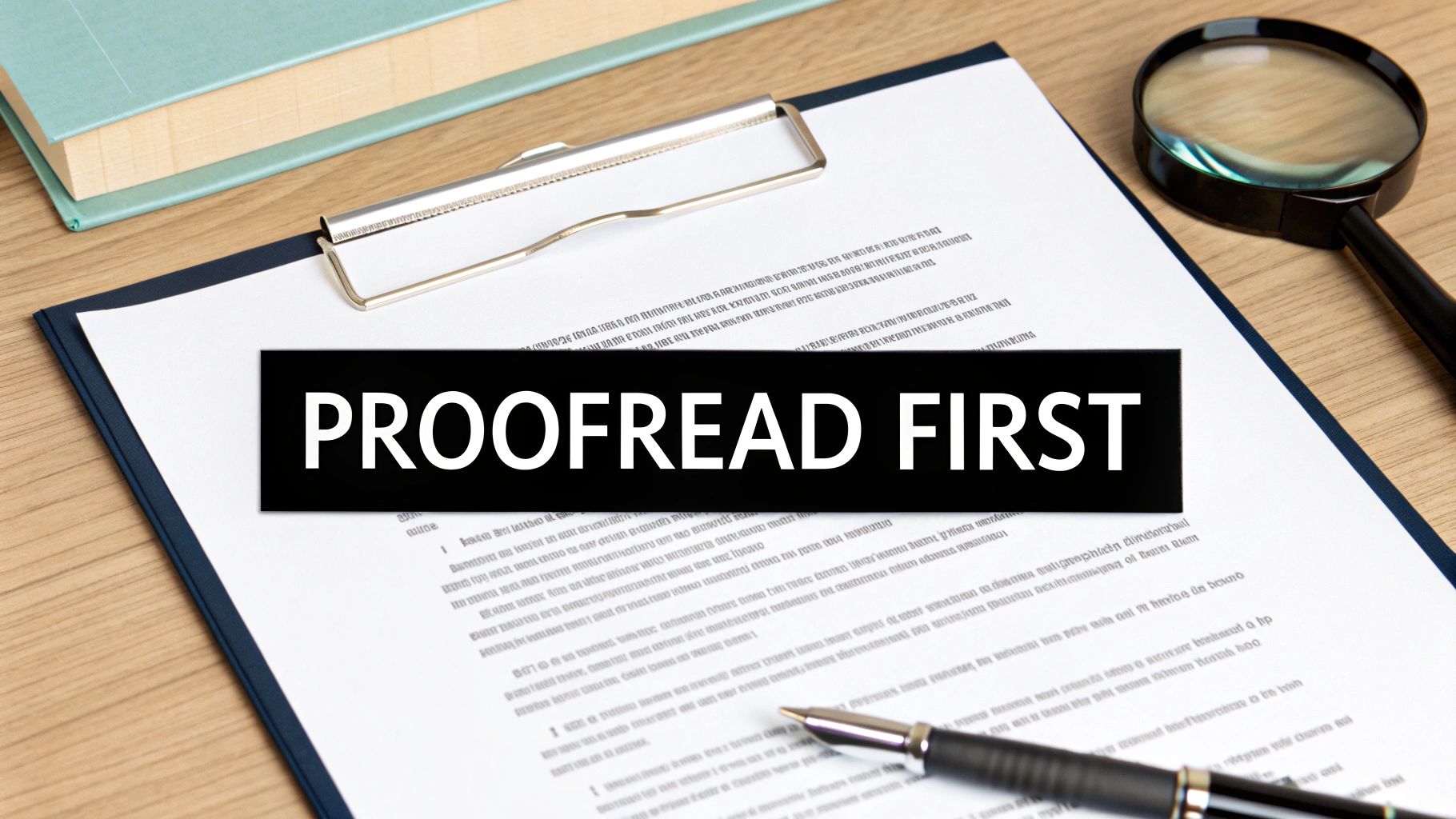 Desk with a document on a clipboard displaying 'PROOFREAD FIRST', a magnifying glass, pen, and books.