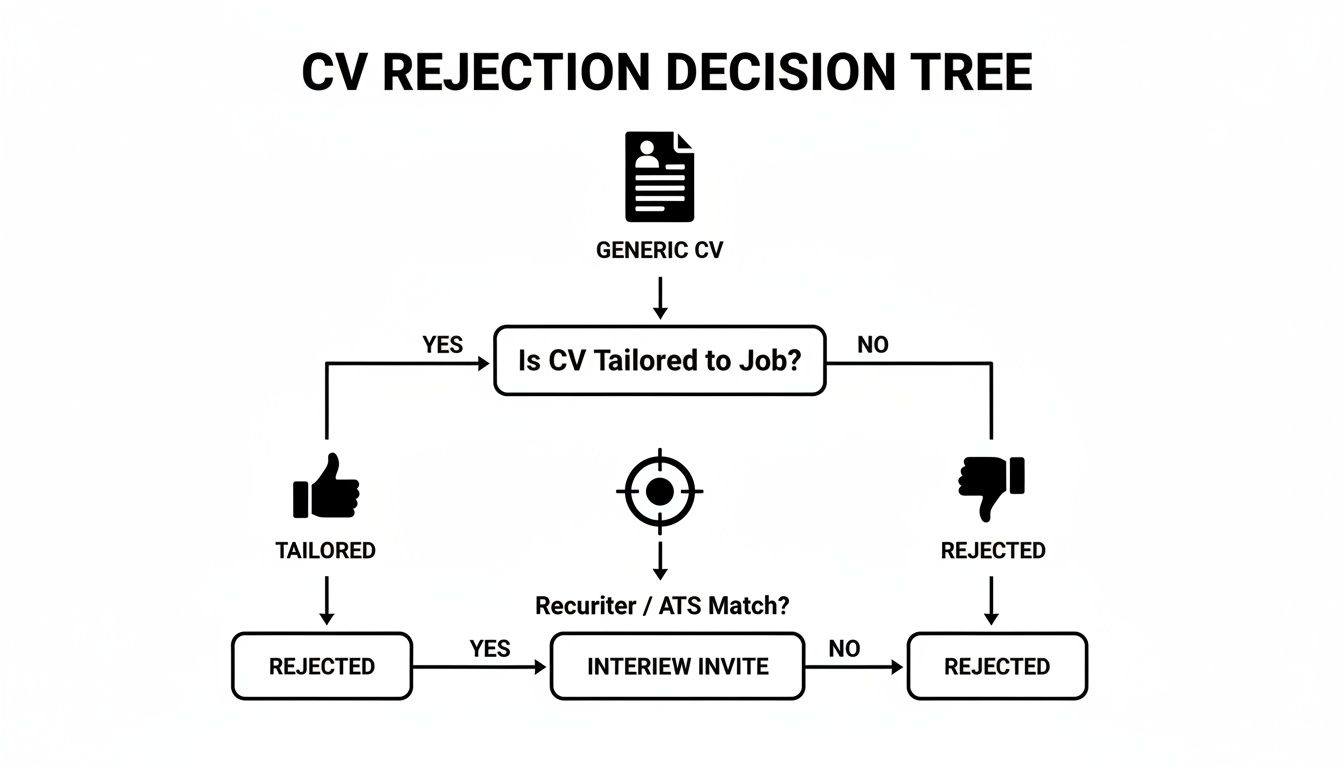 A CV rejection decision tree flowchart showing steps from generic CV to interview invite or rejection.