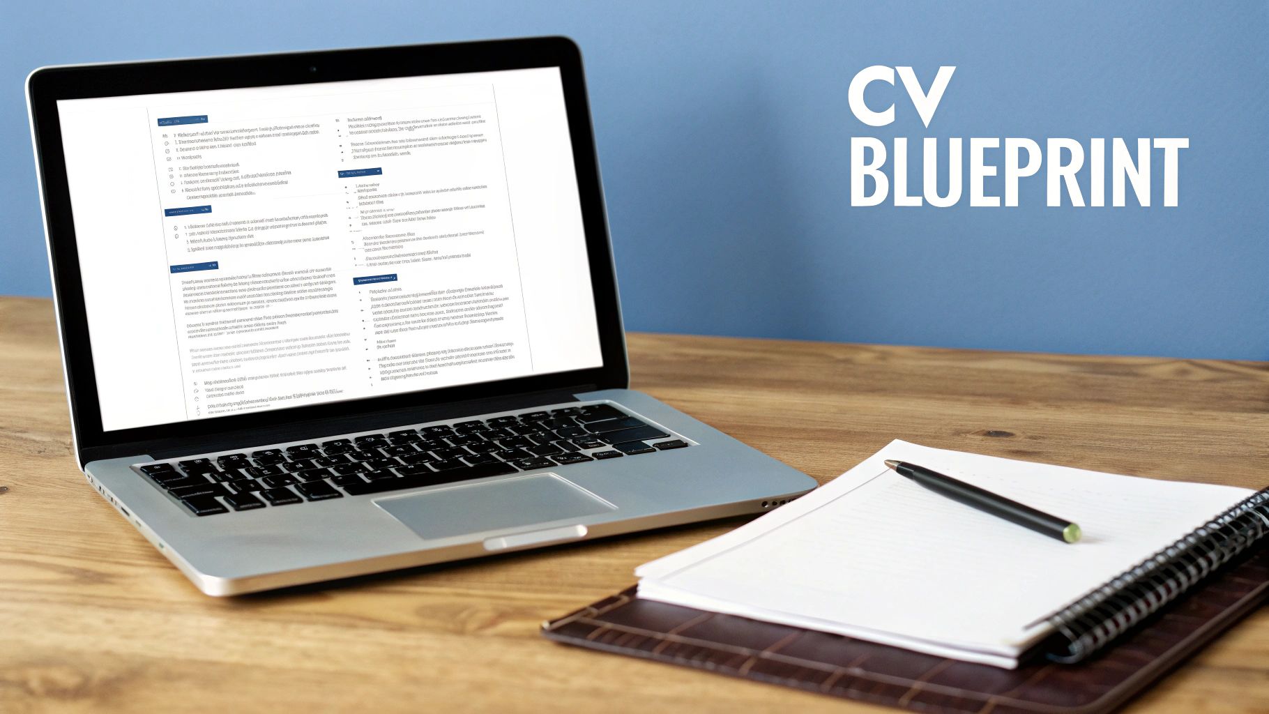 A laptop on a wooden desk displaying a CV blueprint document, with a notebook and pen nearby, against a blue wall.