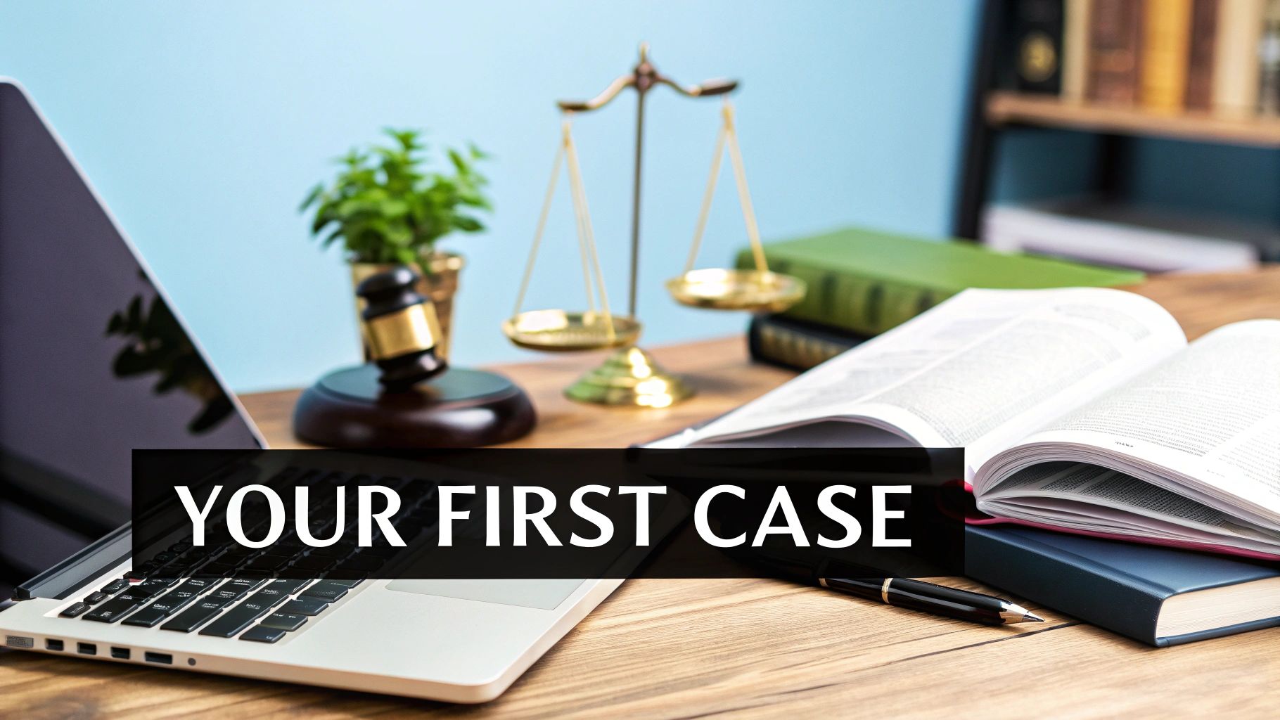A legal workspace with a laptop, gavel, scales of justice, open books, and a motivational message.