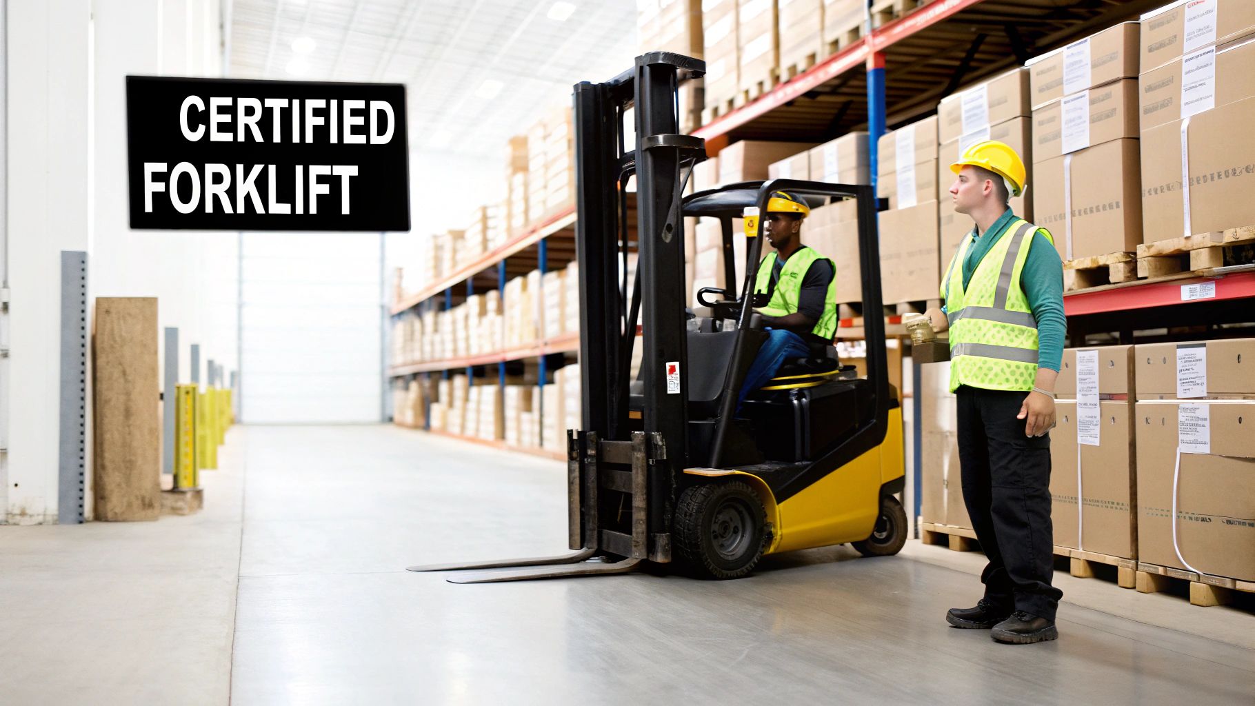 Two certified forklift operators in safety gear working in a large warehouse with stacked boxes.