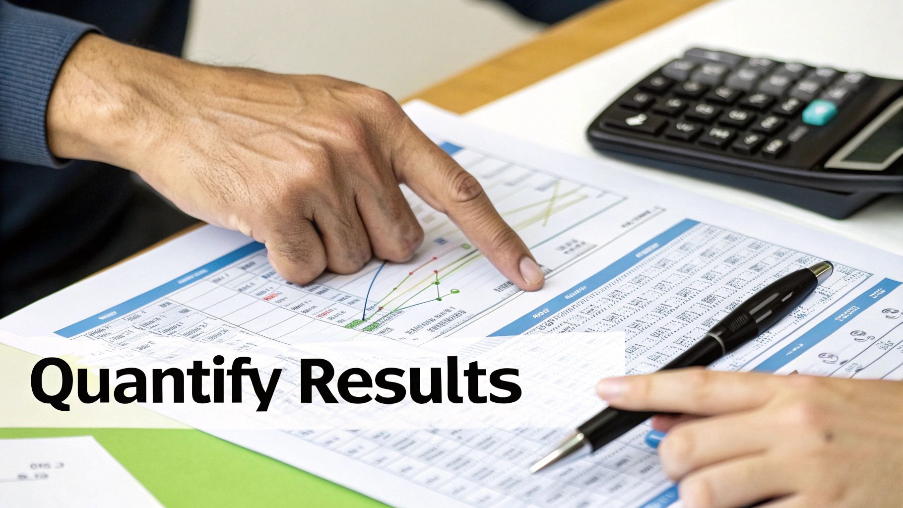 Two people analyzing financial results on a document with charts, using a calculator, emphasizing data quantification.