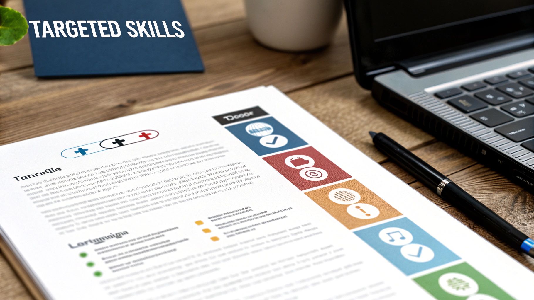A desk with a laptop, pen, and a resume document displaying 'TARGETED SKILLS'.