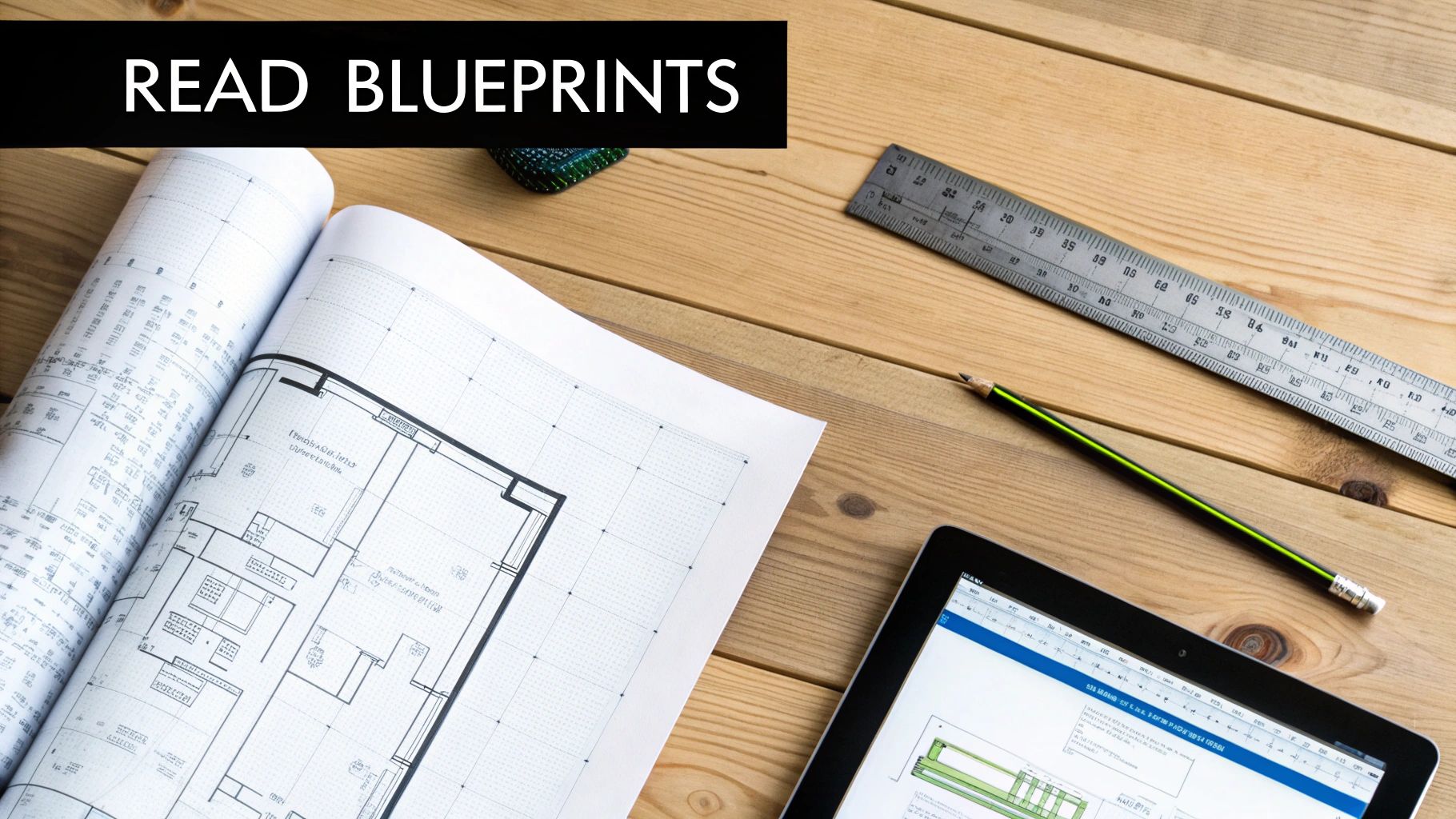 Desk setup with architectural blueprints, a ruler, pencil, and tablet, emphasizing reading blueprints.