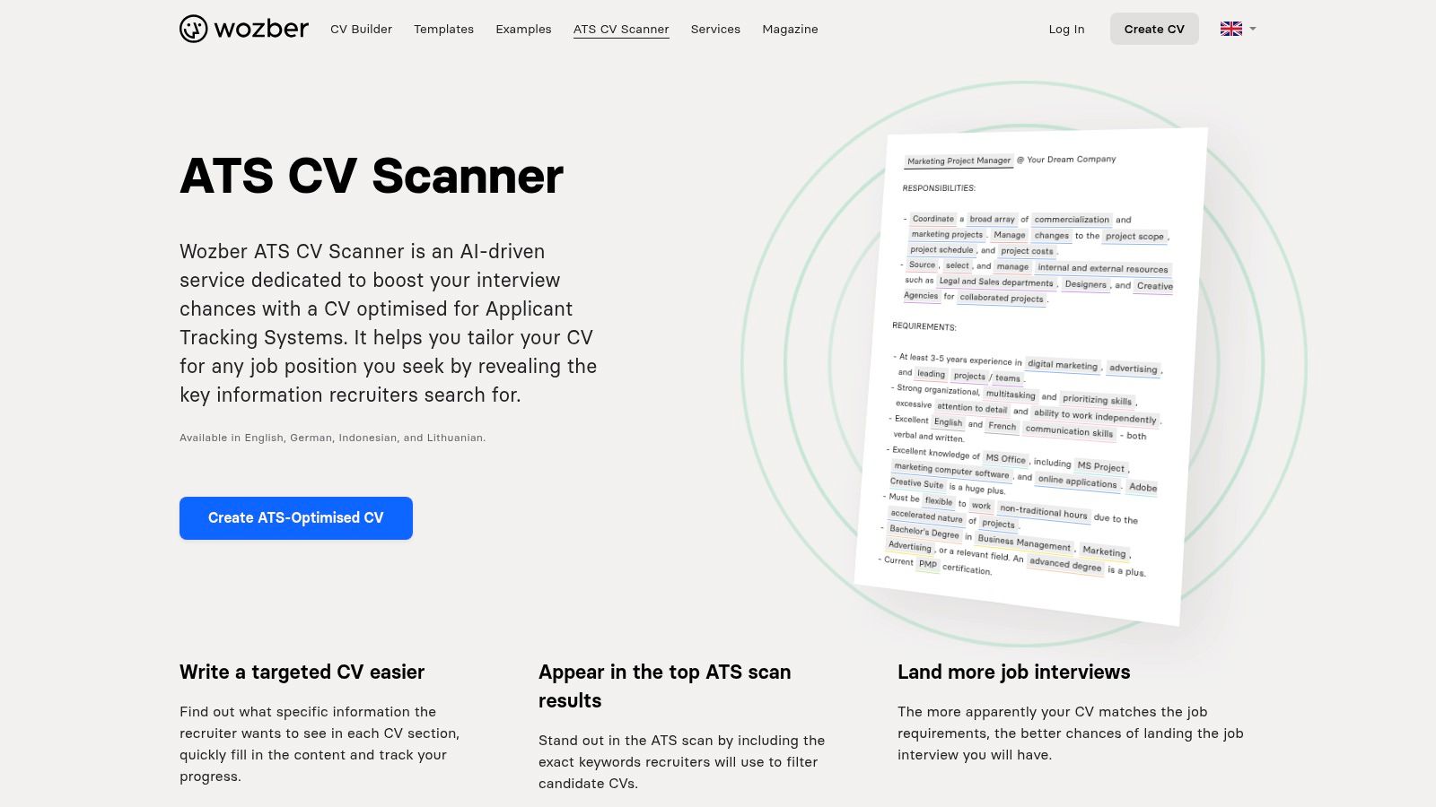 A screenshot of the Wozber interface showing an ATS CV scanner with a score and keyword analysis.