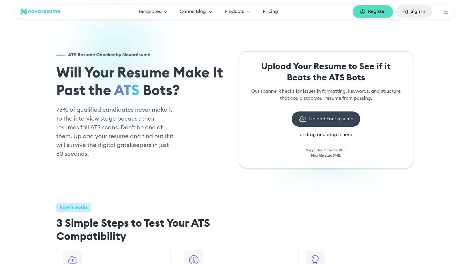 A screenshot of the Novorésumé ATS resume checker interface, showing a CV being analysed for ATS compatibility.