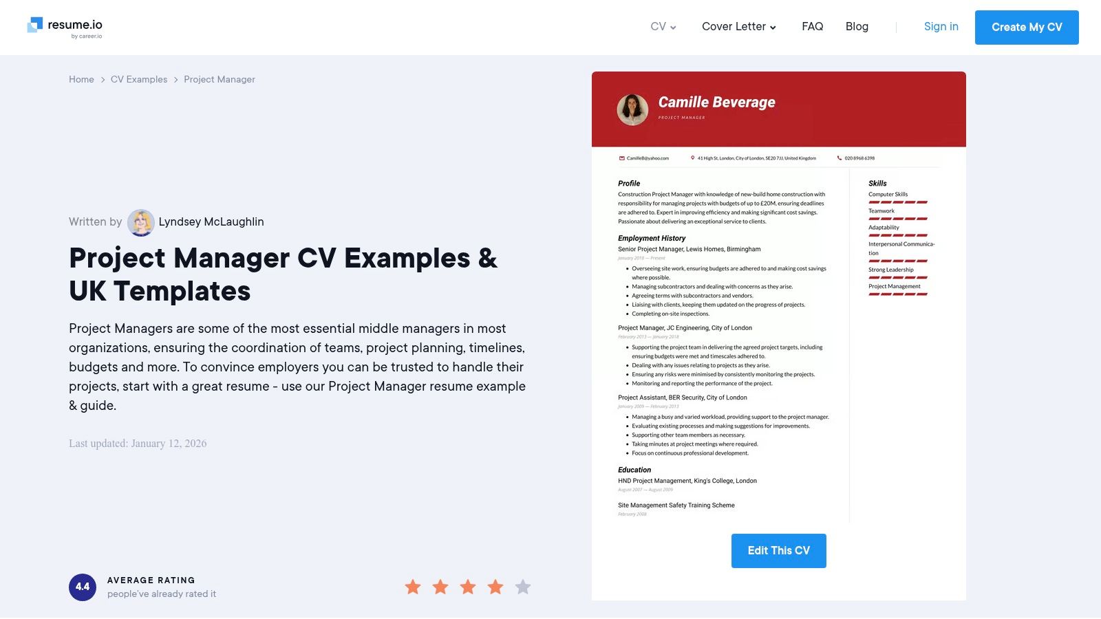 A screenshot of the Resume.io interface, showing modern CV templates and an example project manager CV.