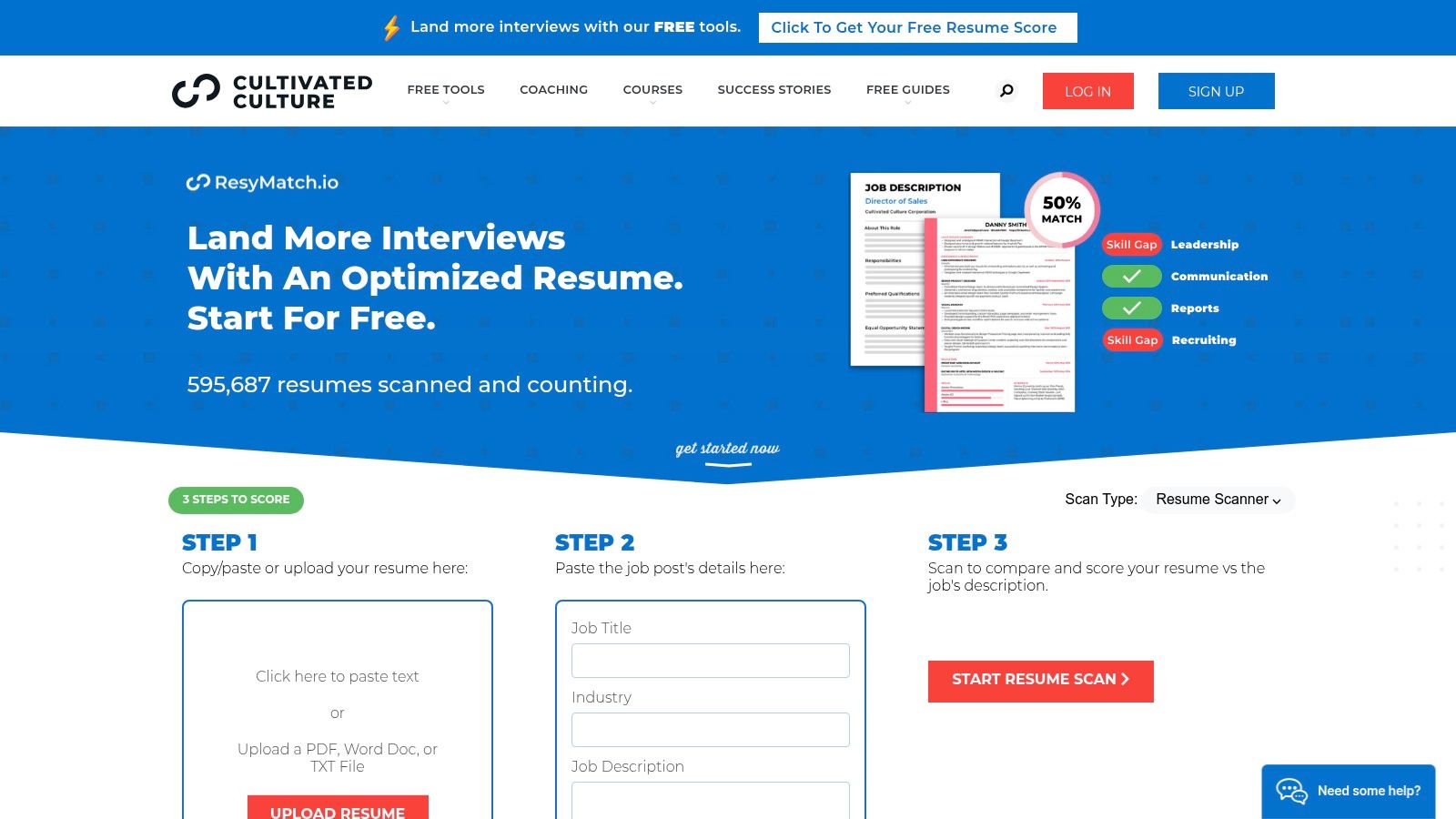 A screenshot of the ResyMatch.io resume scanner interface showing fields for a resume and job description to be pasted in.
