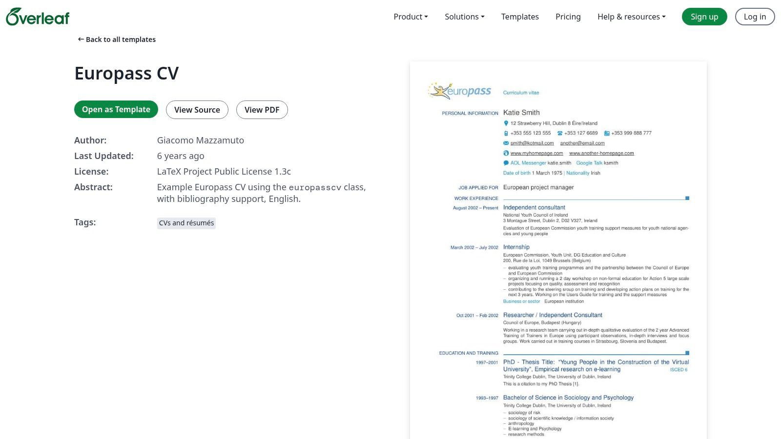 Overleaf – Europass CV LaTeX templates
