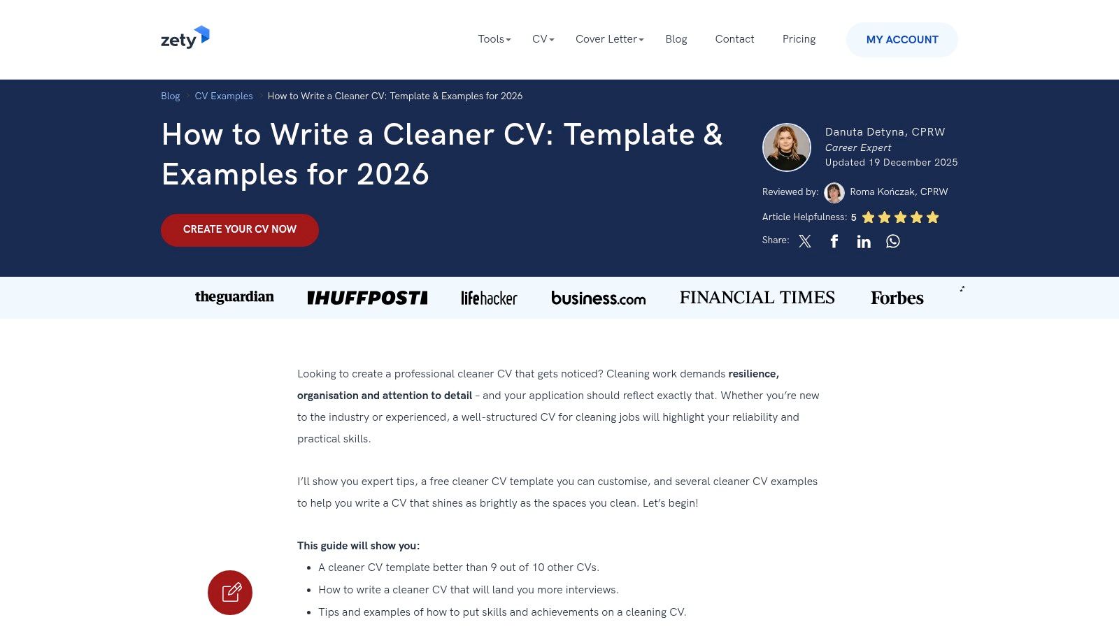 Zety (UK) CV builder interface showing a cleaner CV template with sample text.